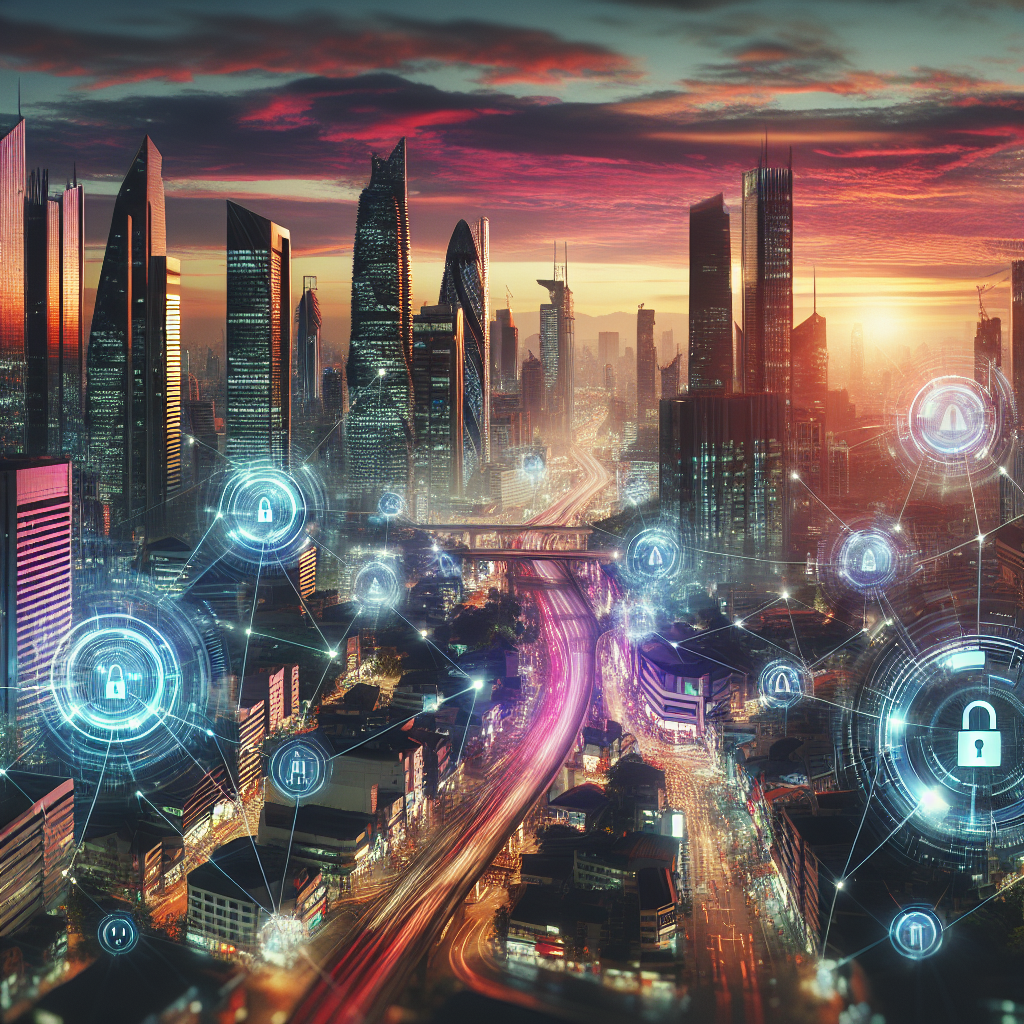 Create an image that portrays a vibrant, bustling metropolis at sunset, with a futuristic twist highlighting advanced security and privacy measures. The image should showcase towering skyscrapers casting long shadows over a sleek cityscape. Transparent holographic screens and intricate network of surveillance cameras blend seamlessly into the urban landscape, symbolizing the cutting-edge technologies utilized to ensure security. A network of encryption algorithms and locks can be depicted as glowing pathways snaking through the city's streets, demonstrating the importance of privacy in this technologically advanced society. Amidst this scene, people are subtly positioned in the background, moving about their daily lives, emphasizing the idea that security and privacy are seamlessly integrated into their everyday routines.