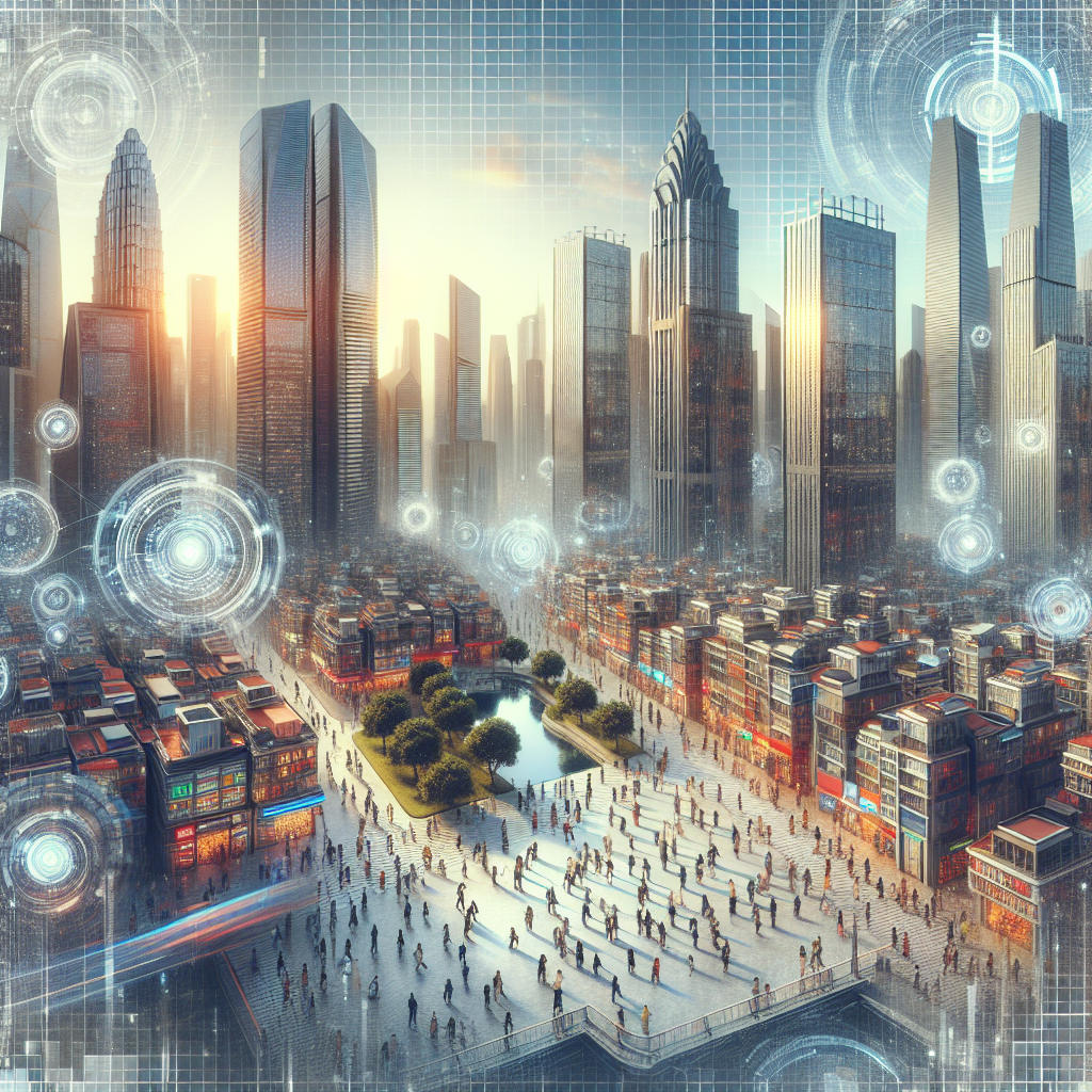 Generate an image portraying a futuristic cityscape filled with towering skyscrapers. Within the city, depict a diverse group of individuals engaged in various activities, showcasing daily life in such a metropolis. The city is under the watchful gaze of abstract forms that represent intelligent AI algorithms, almost invisible but omnipresent around the buildings, illustrating their silent yet prominent role in shaping society's decisions. The picture should resonate a sense of balance between advancing technology, harmonious coexistence of humans and AI, and a continuous strive towards an equitable future.