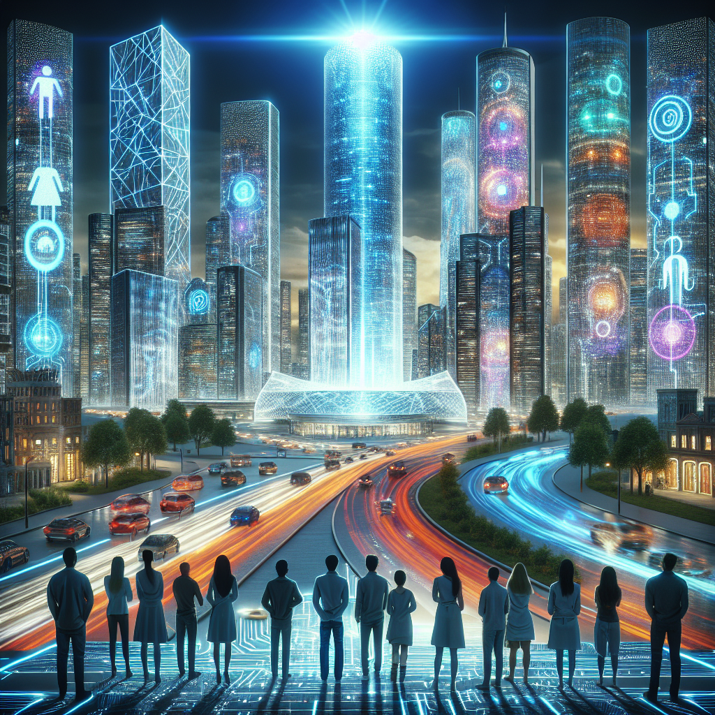 Create an image of an innovative futuristic cityscape showcasing the wonders of artificial intelligence. This should include towering skyscrapers covered in mesmerizing holographic displays that signify the dominance of AI. The city should be lazed in a transcendental glow that is indicative of the cutting-edge technologies that are now a part of everyday life, such as self-driving cars moving around smoothly in the traffic-free streets. A diverse set of people of different genders and descents, including Caucasian, Hispanic, Black, Middle-Eastern, and South Asian, are seen observing these technological marvels from a safe distance. This urban AI landscape should highlight the need and strategies for AI proliferation and underscore the significance of human adaptation in this transformative phase.