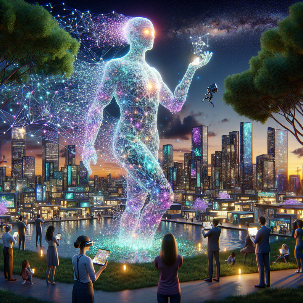 Visualize a captivating urban scene during dusk, with RAG, an advanced Generative AI system, standing tall as a towering figure made of glowing data fragments. Its form, illuminated with vibrant colors and intricate patterns, looks like a shimmering network of interconnected neurons. A variety of people, awestruck by RAG's capabilities, are seen observing the AI through virtual-reality headsets, their images slightly obscured. The cityscape merges technology with nature, where buildings blend with lush foliage. The sky showcases augmented reality constellations. In the foreground, a diverse group of artists and scientists hold tablets transforming their sketches into astounding digital artworks, symbolizing the symbiotic relationship between human creativity and AI technology.