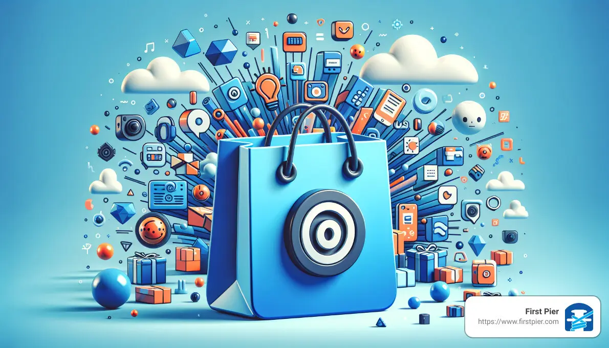 A blue shopping bag with a camera on top of it