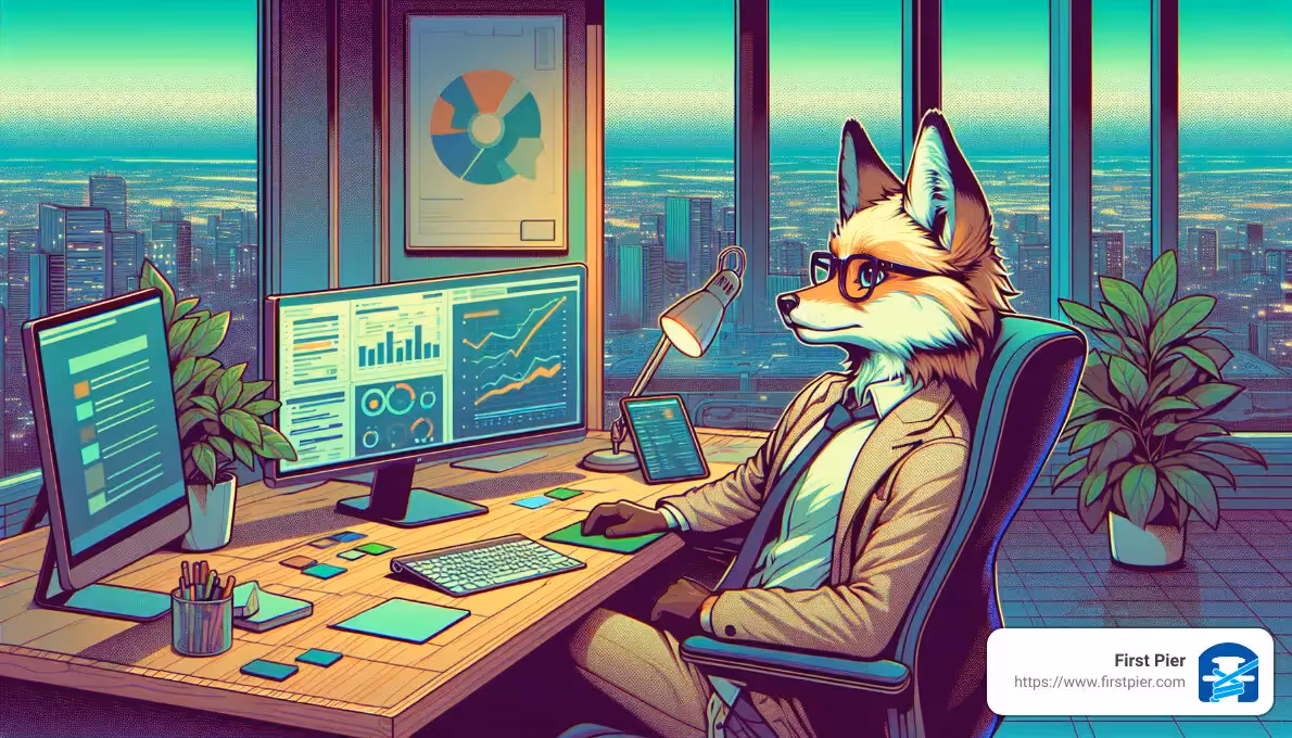 A fox is sitting at a desk with a computer