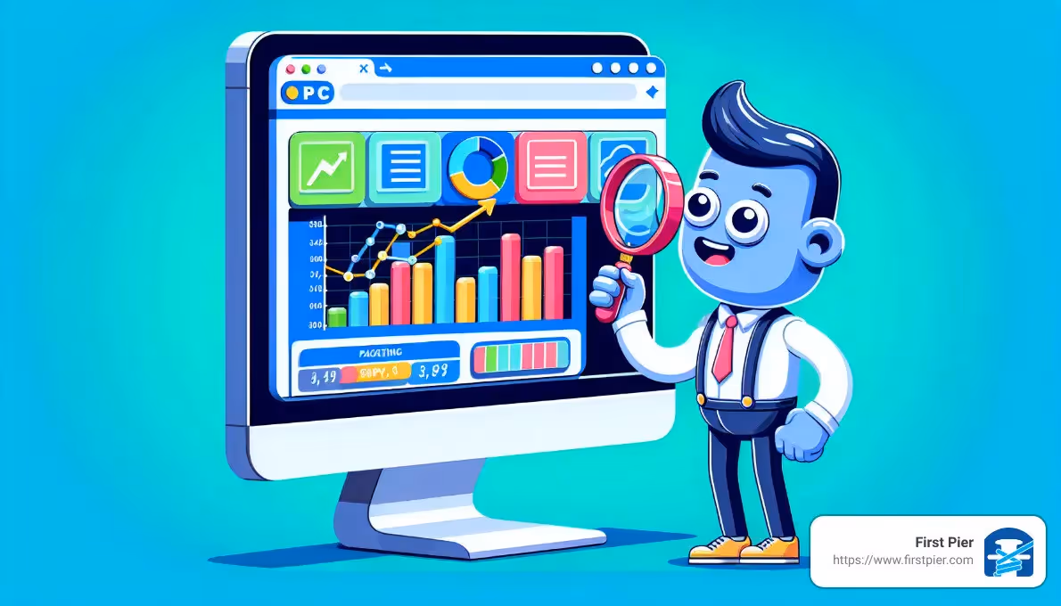 A cartoon character holding a magnifying glass in front of a computer screen