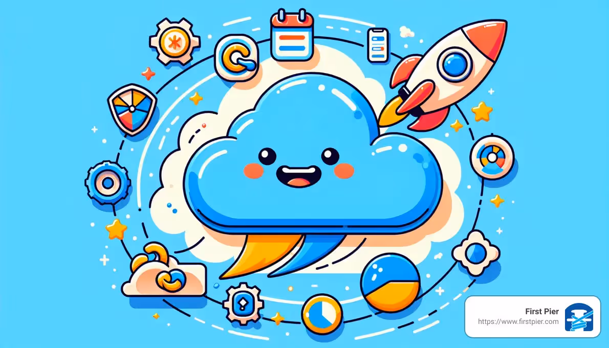 A blue cloud with a rocket on top of it