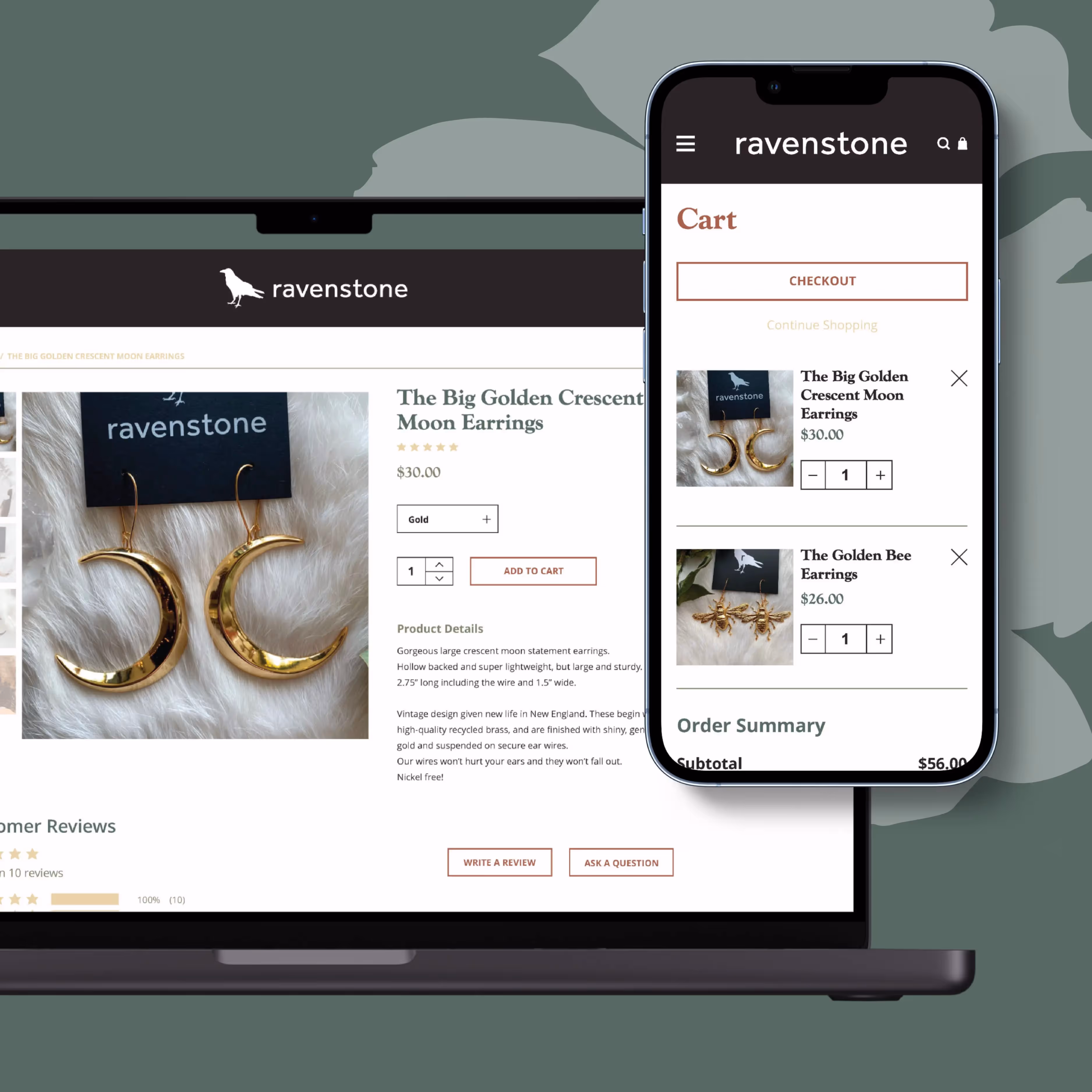Gold crescent moon earrings on Ravenstone website displayed on laptop and phone