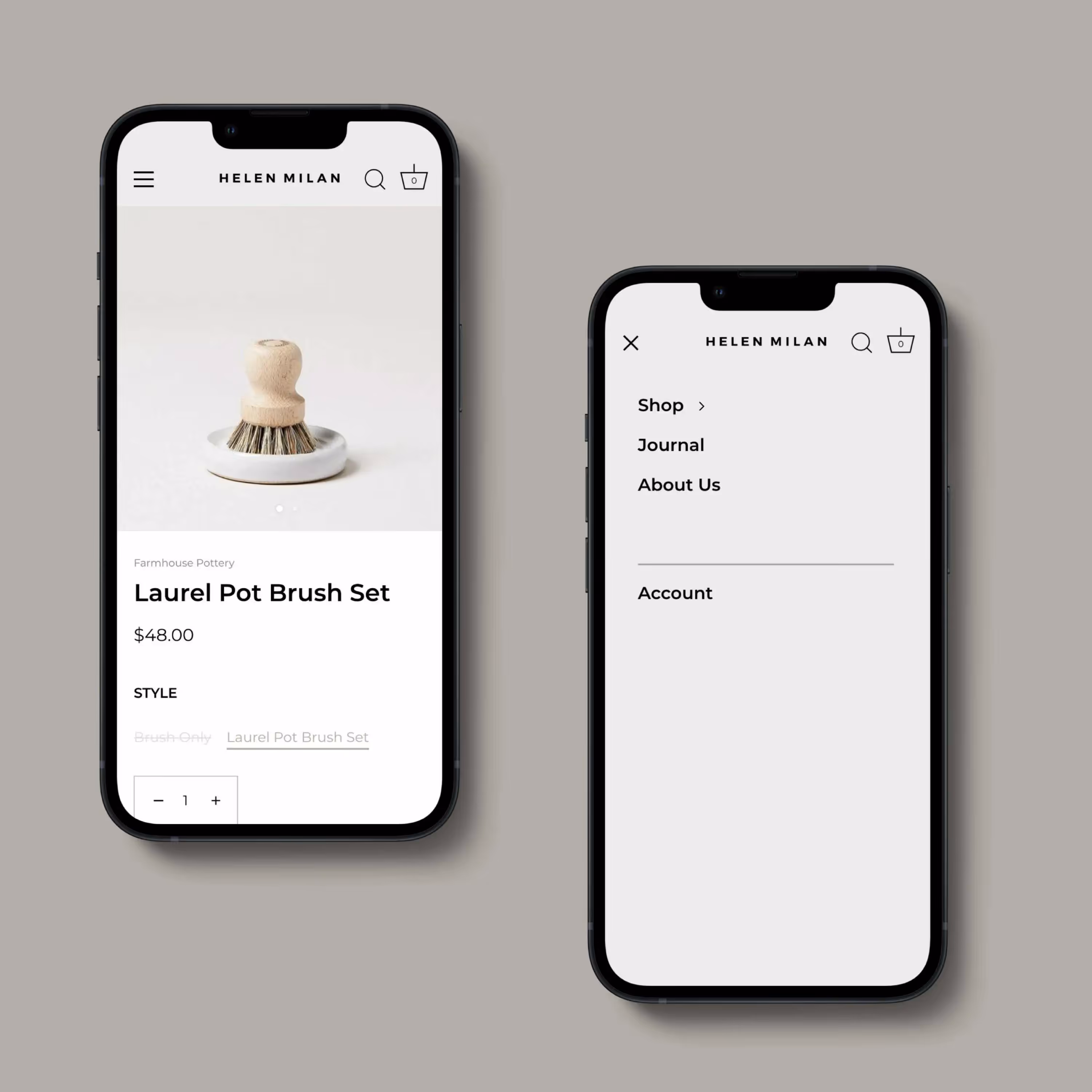 Helen Milan mobile app screens showing Laurel Pot Brush Set product details