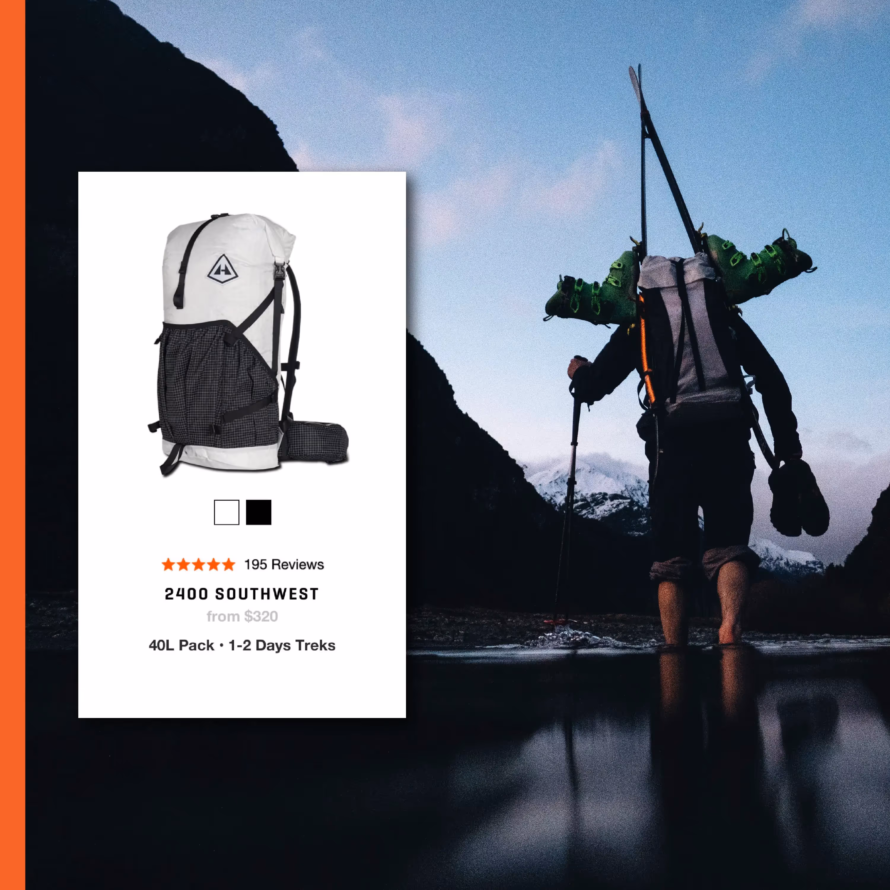 Hiker with backpack crossing water with mountainous landscape in background