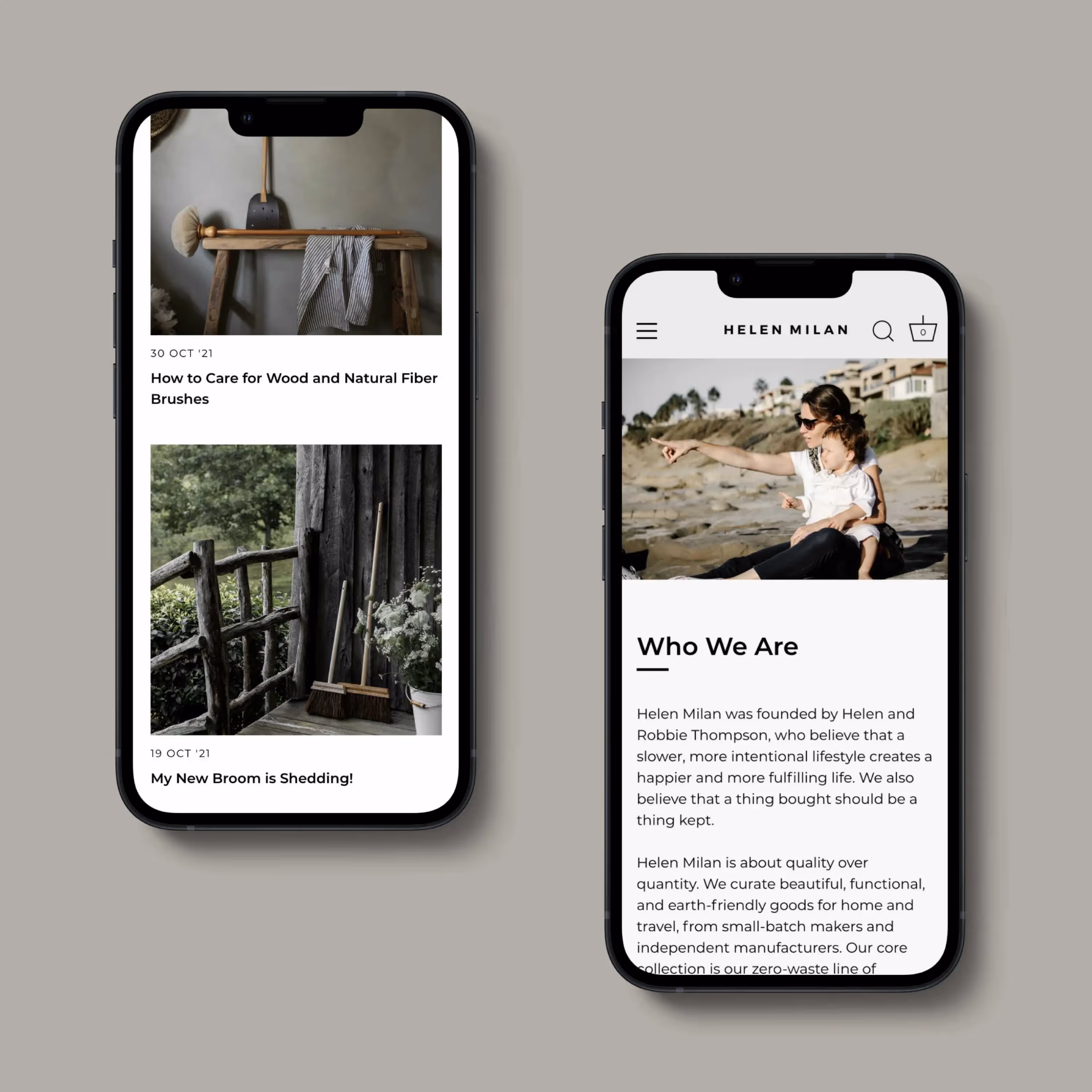 Two smartphone screens displaying Helen Milan website with brooms and beach scene