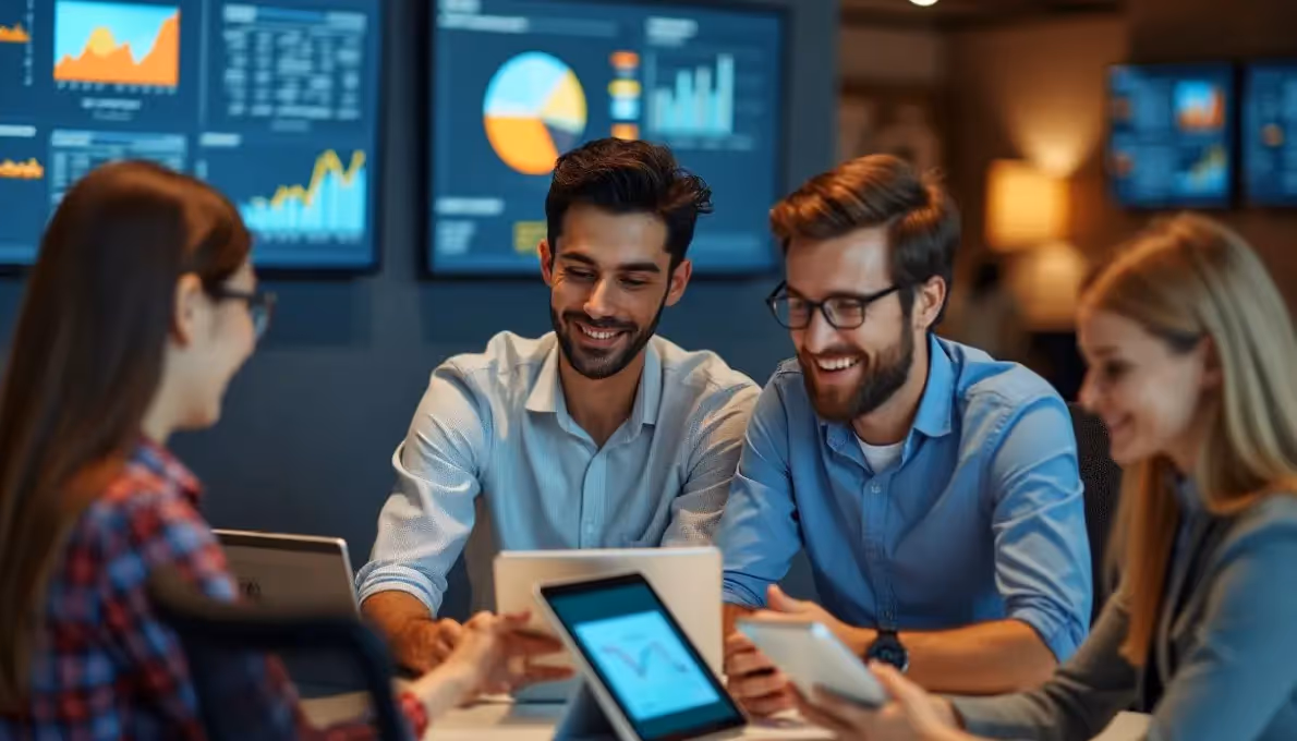 A group of people sitting around a table looking at a tablet