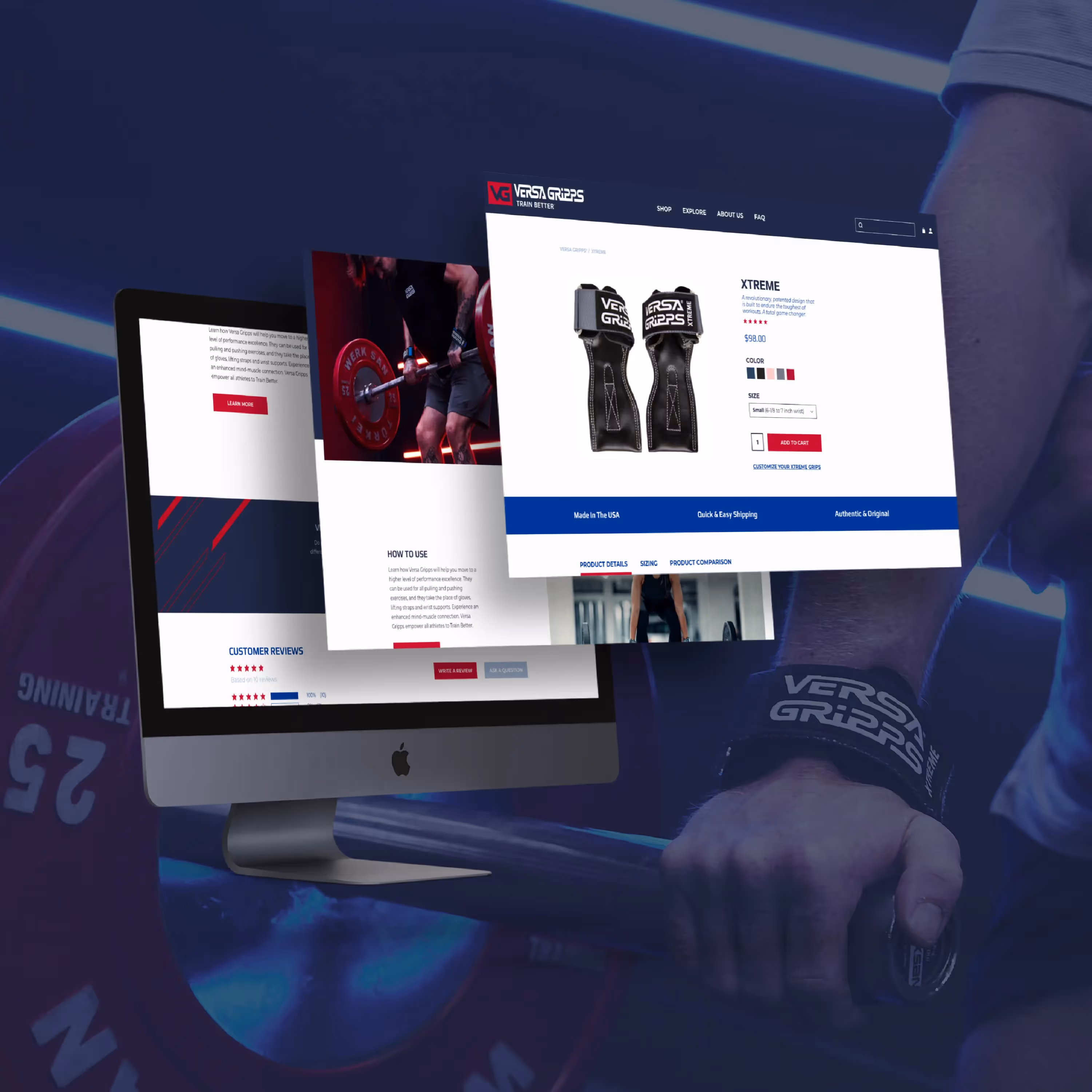 A man holding a barbell in front of a computer screen