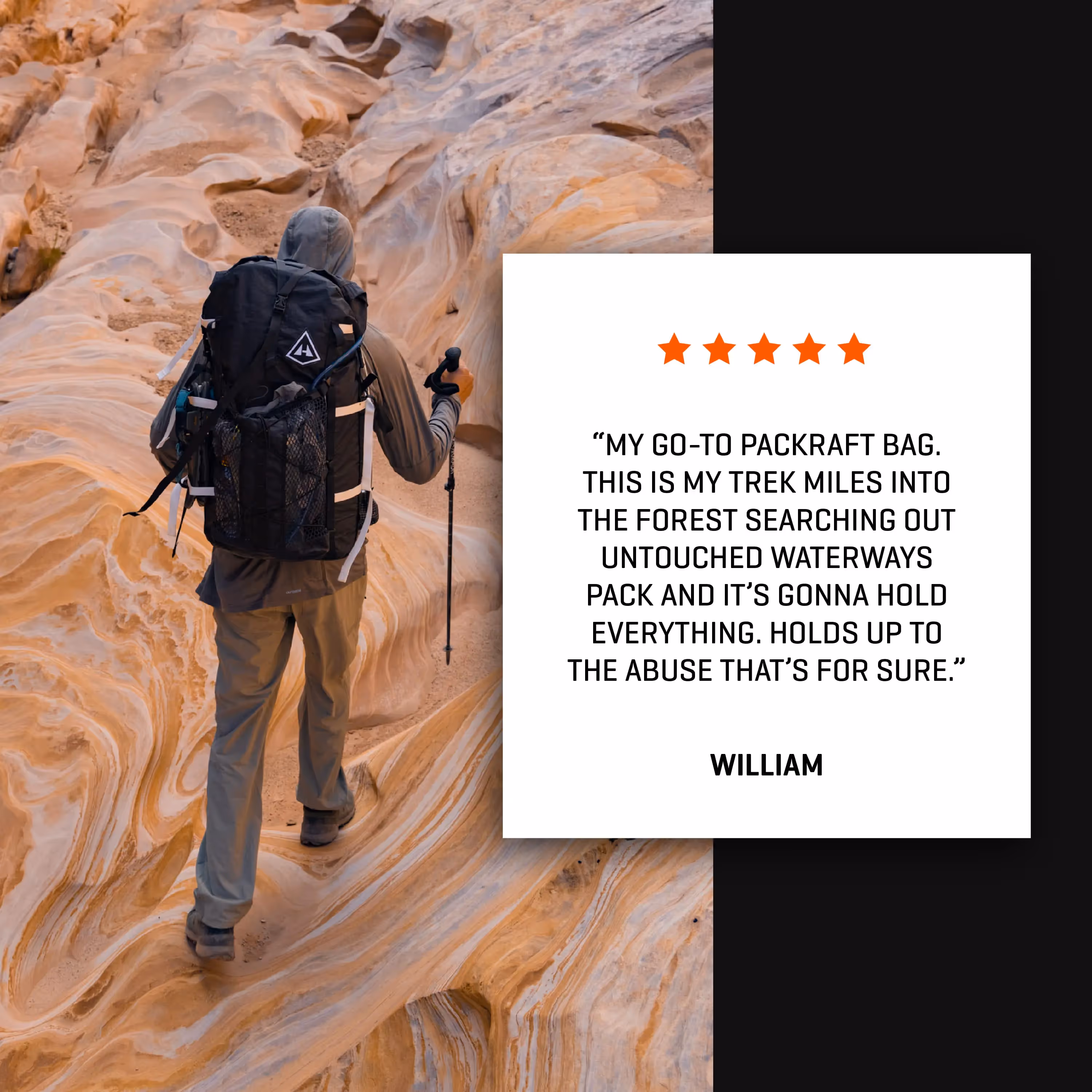 A man with a backpack and ski poles walking up a hill