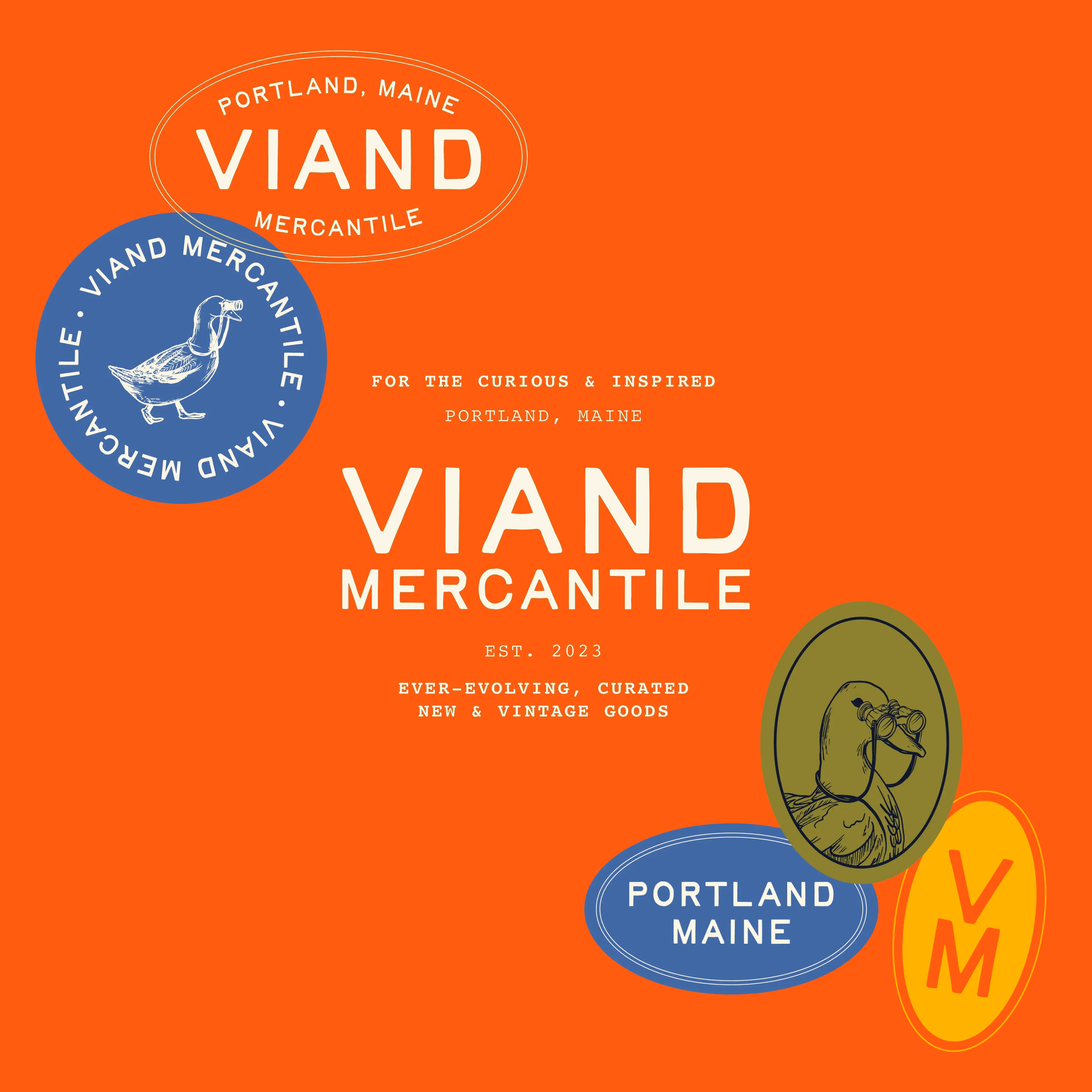 Viand Mercantile branding with orange background and bird logo