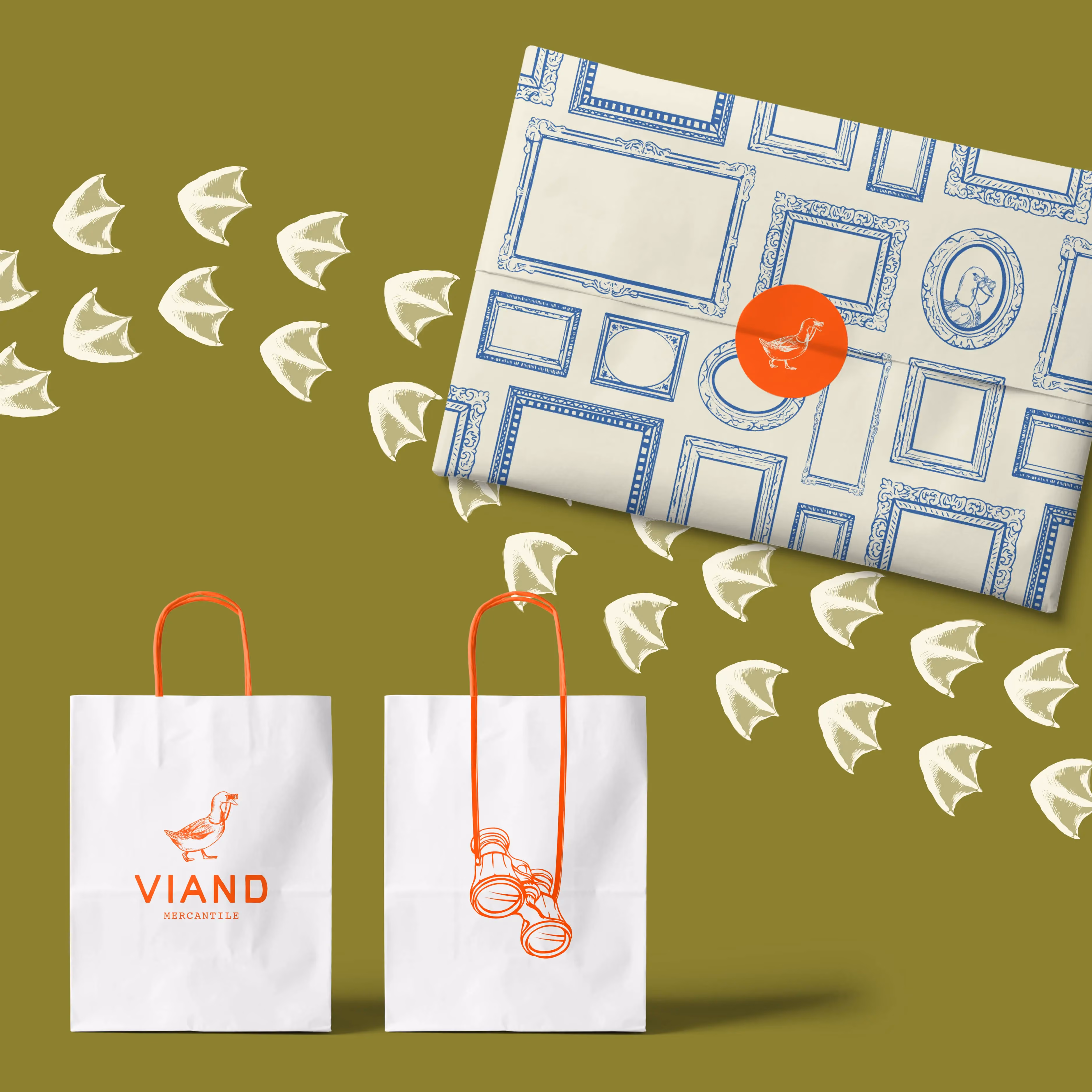 Viand Mercantile branding with white bags, blue-framed pattern, and flying shapes