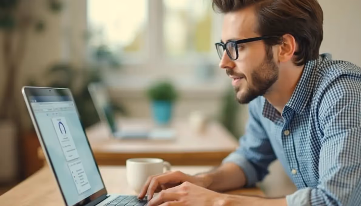 A man sitting at a table using a laptop computer