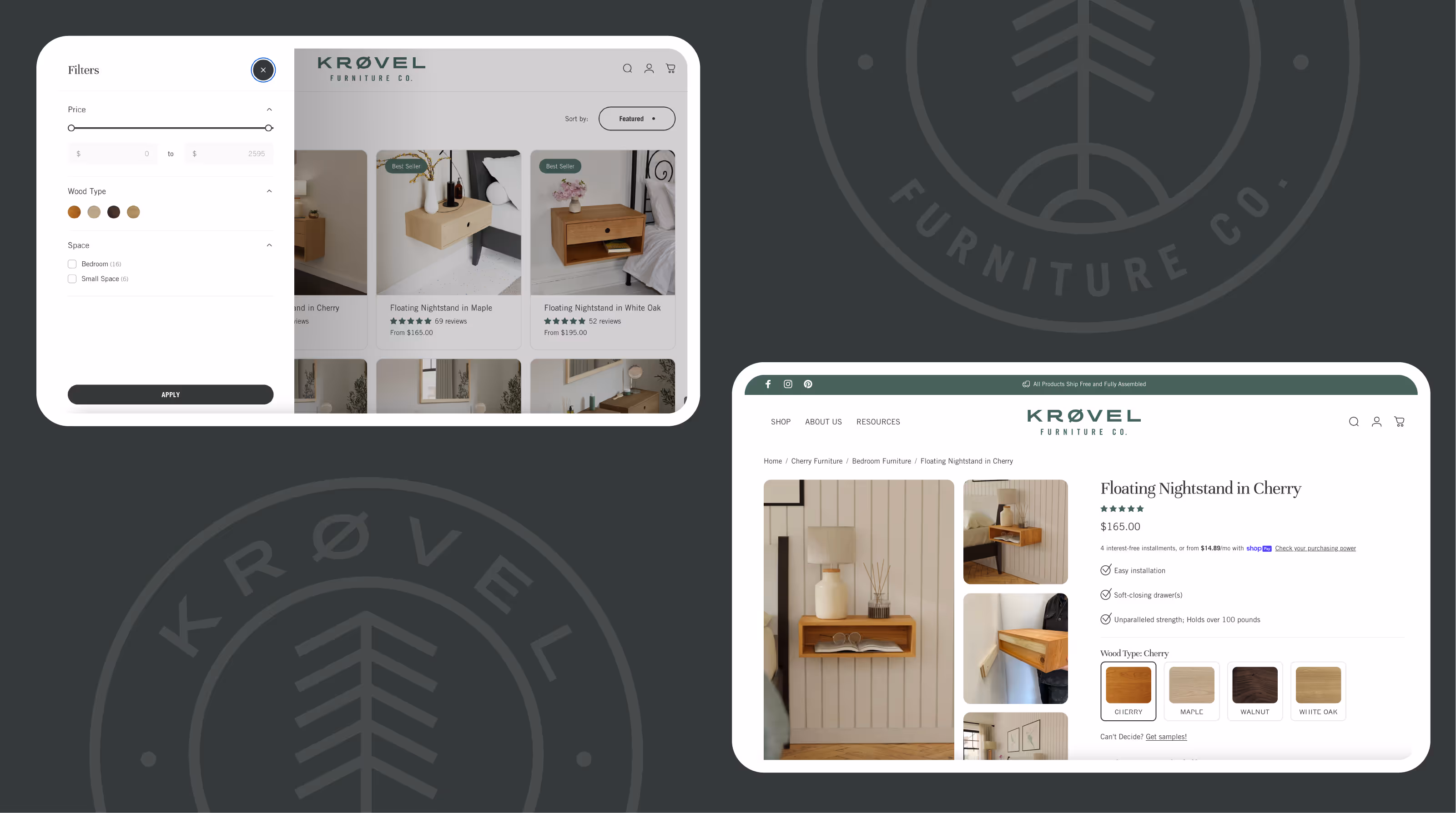 Krovel Furniture Co. website showing floating cherry wood nightstand