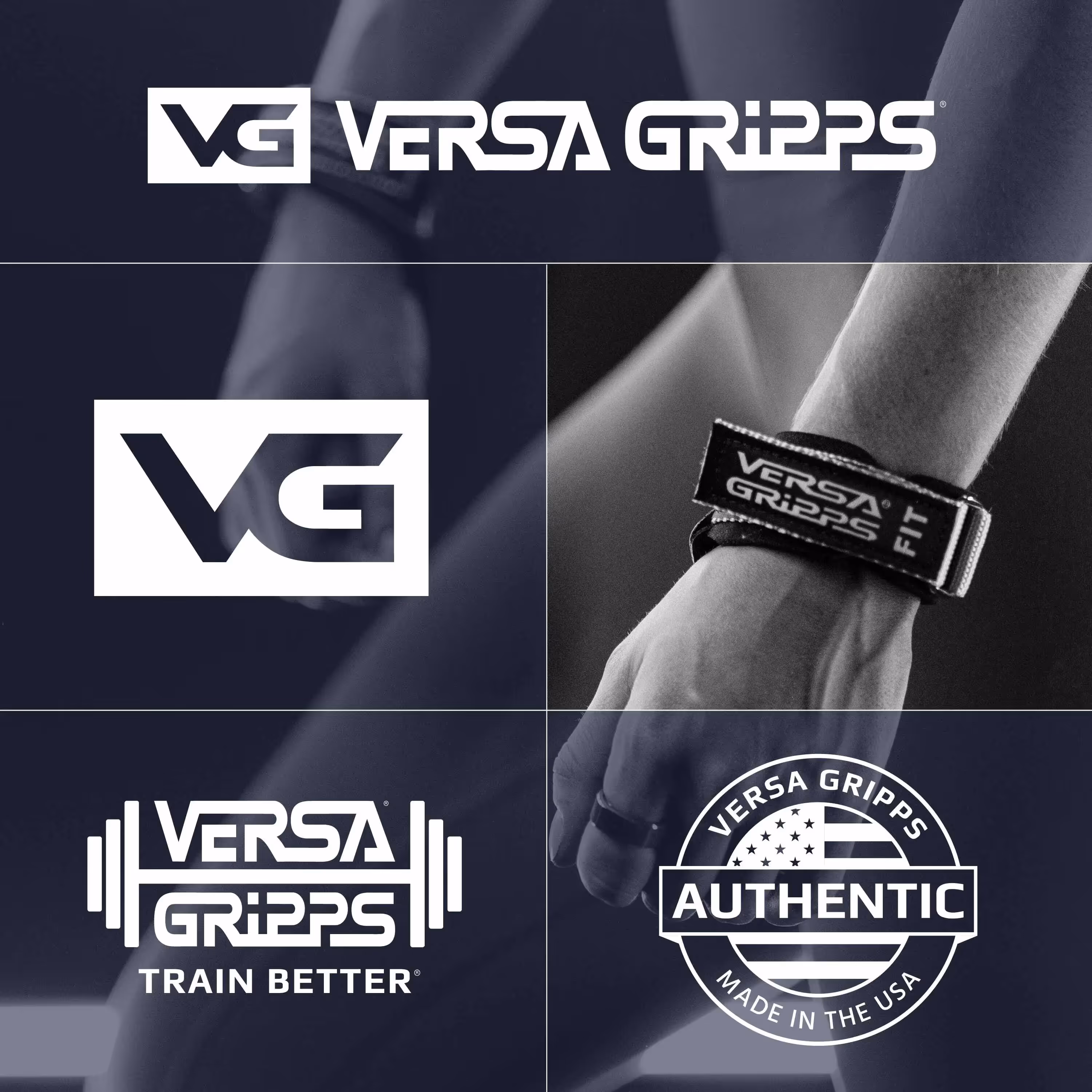 Versa Gripps fitness brand logo and product images in black and white