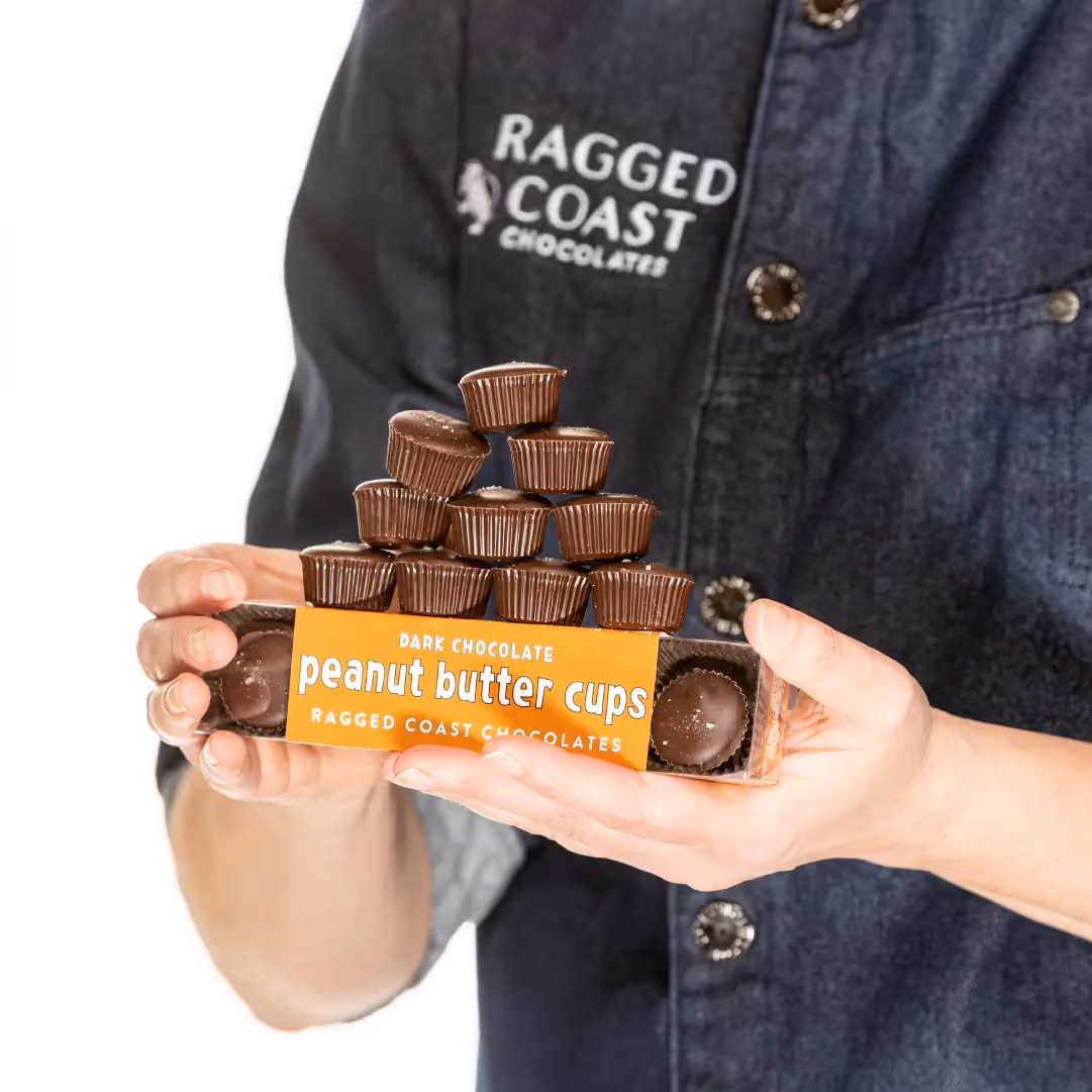 Ragged Coast Chocolates dark chocolate peanut butter cups stacked