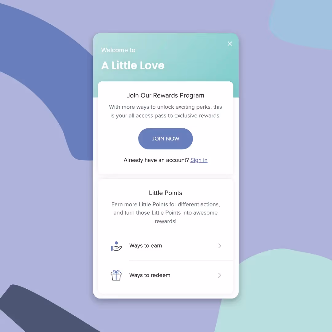 A Little Love rewards program signup screen with join and points options