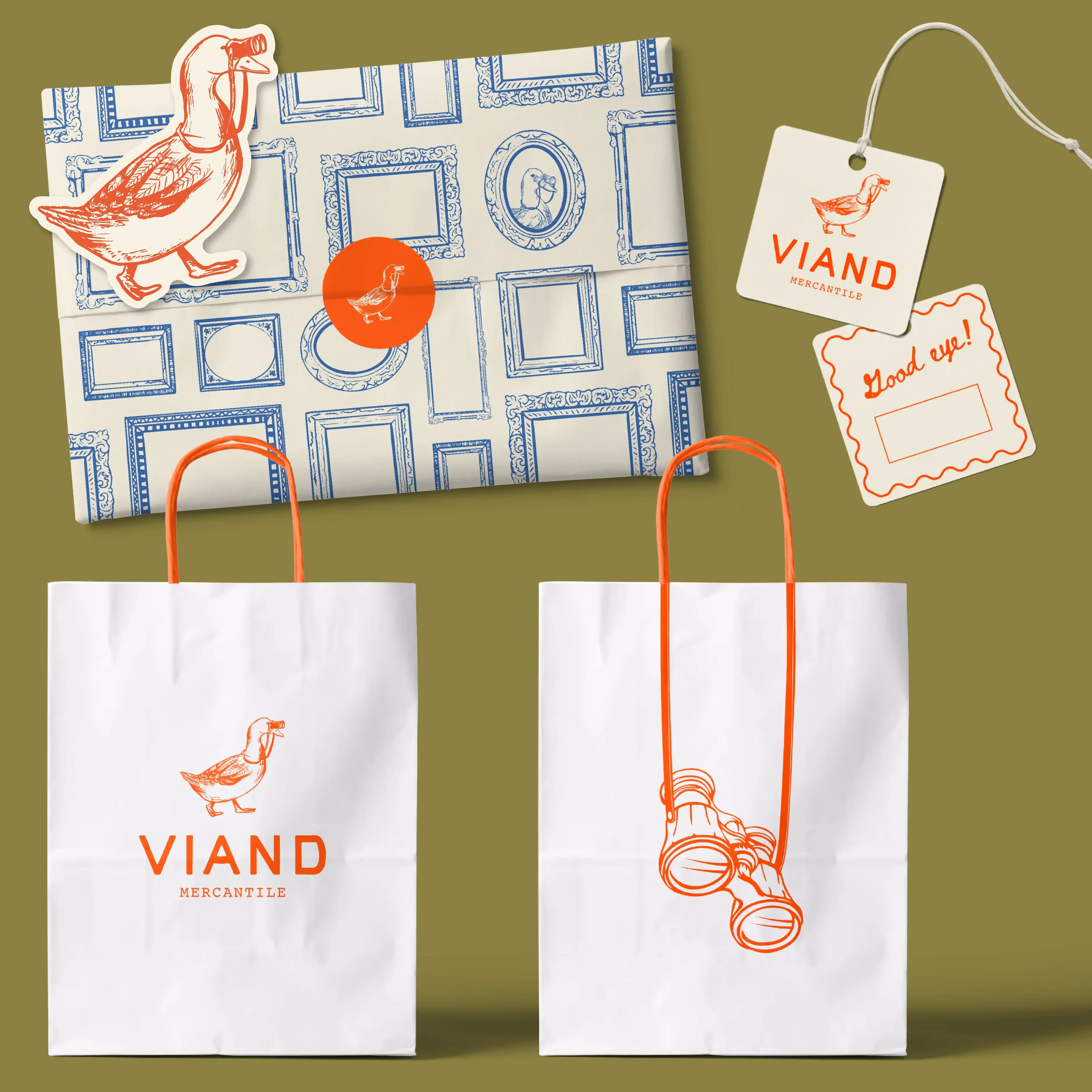 Viand Mercantile branding with white bags, duck logo, and vintage-style frames