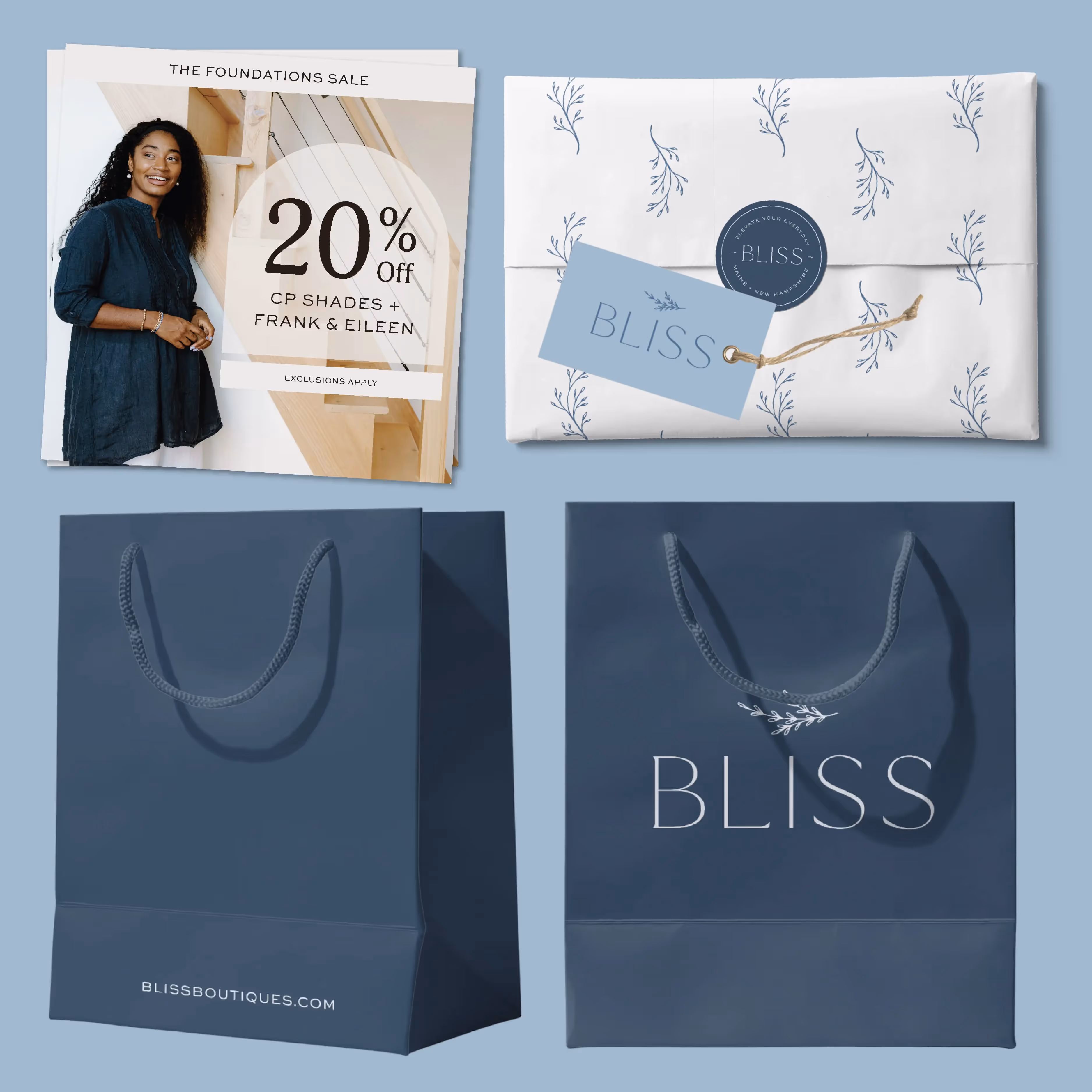 Bliss Boutique sale advertisement with shopping bags and promotional materials