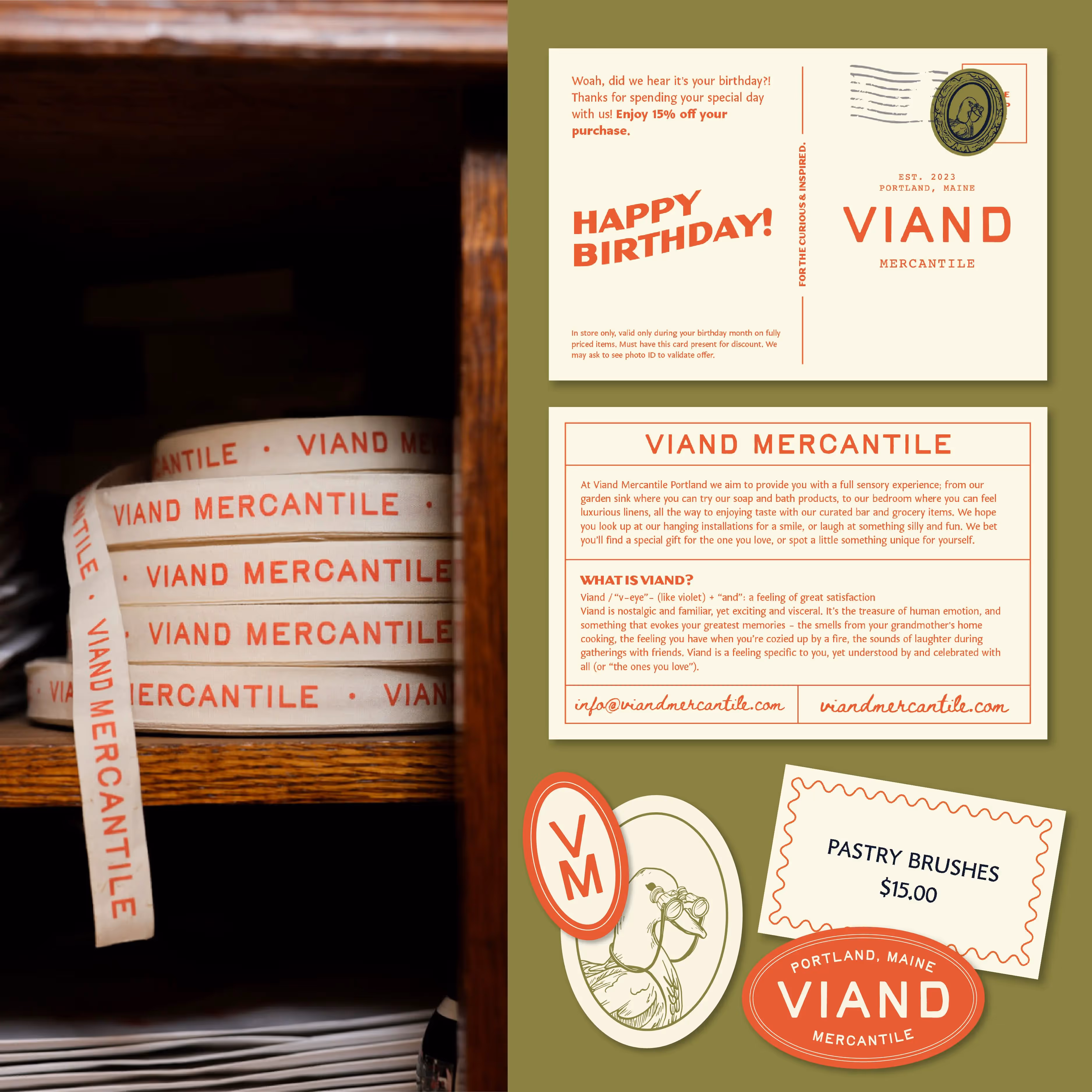 Viand Mercantile branding materials showcasing logo, birthday card, and labels