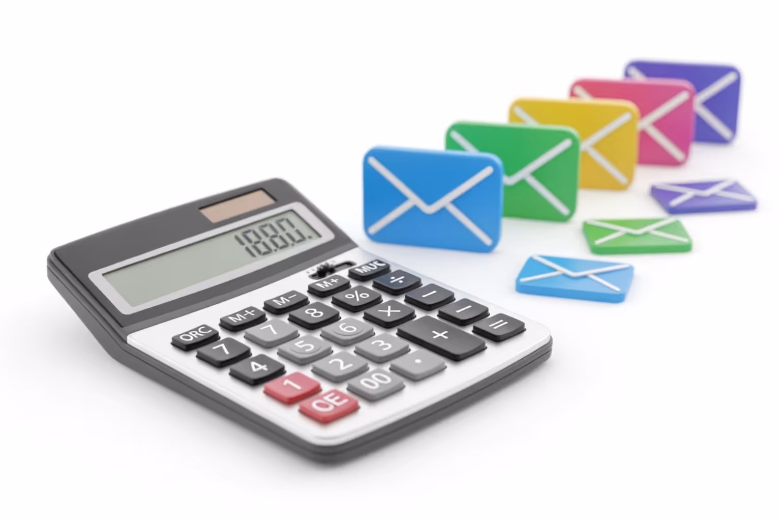 A calculator and email icons illustrating the pay-as-you-go model - Shopify email marketing pricing