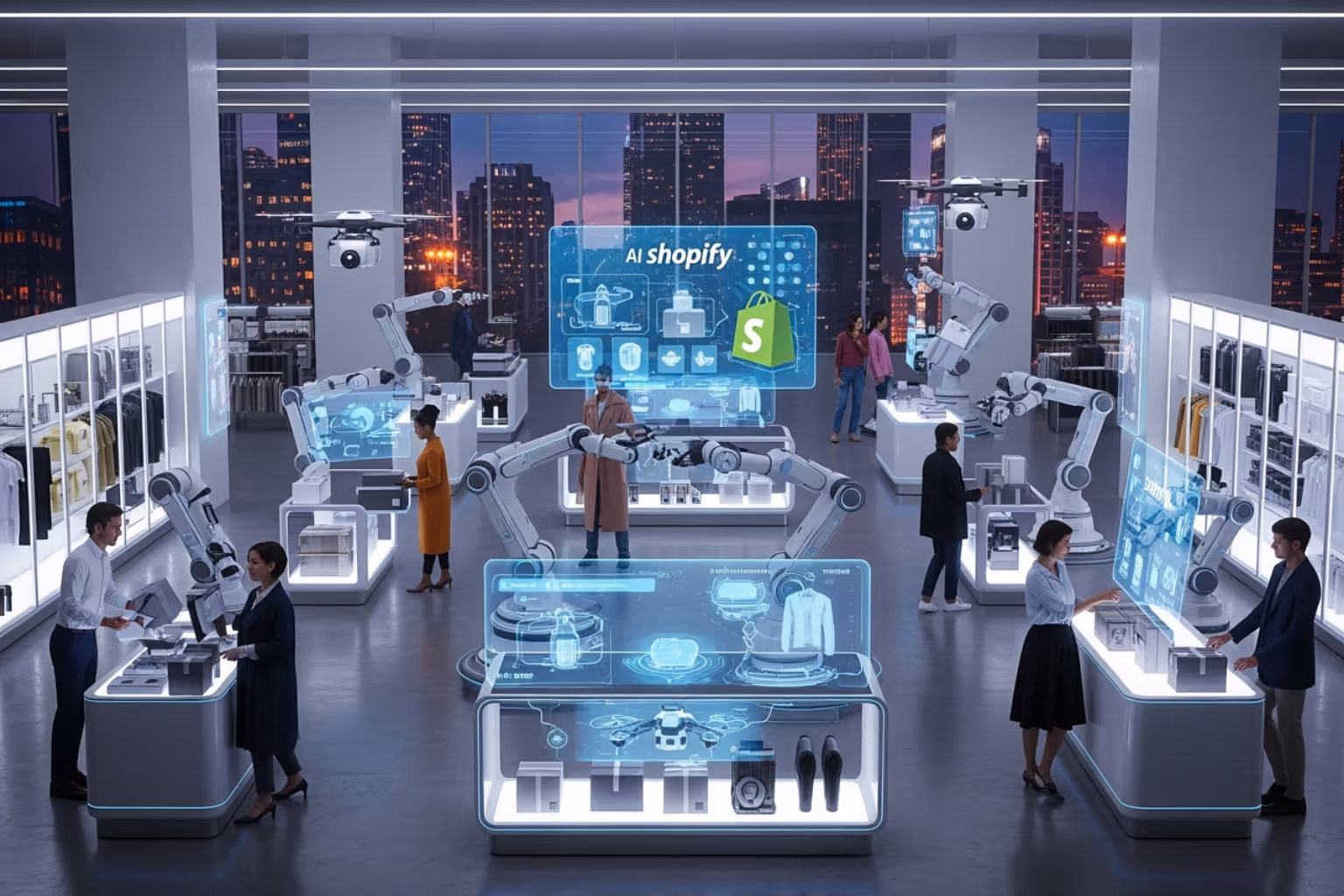 Abstract illustration showing an AI network linked to a shopping cart, symbolizing an automated Shopify store