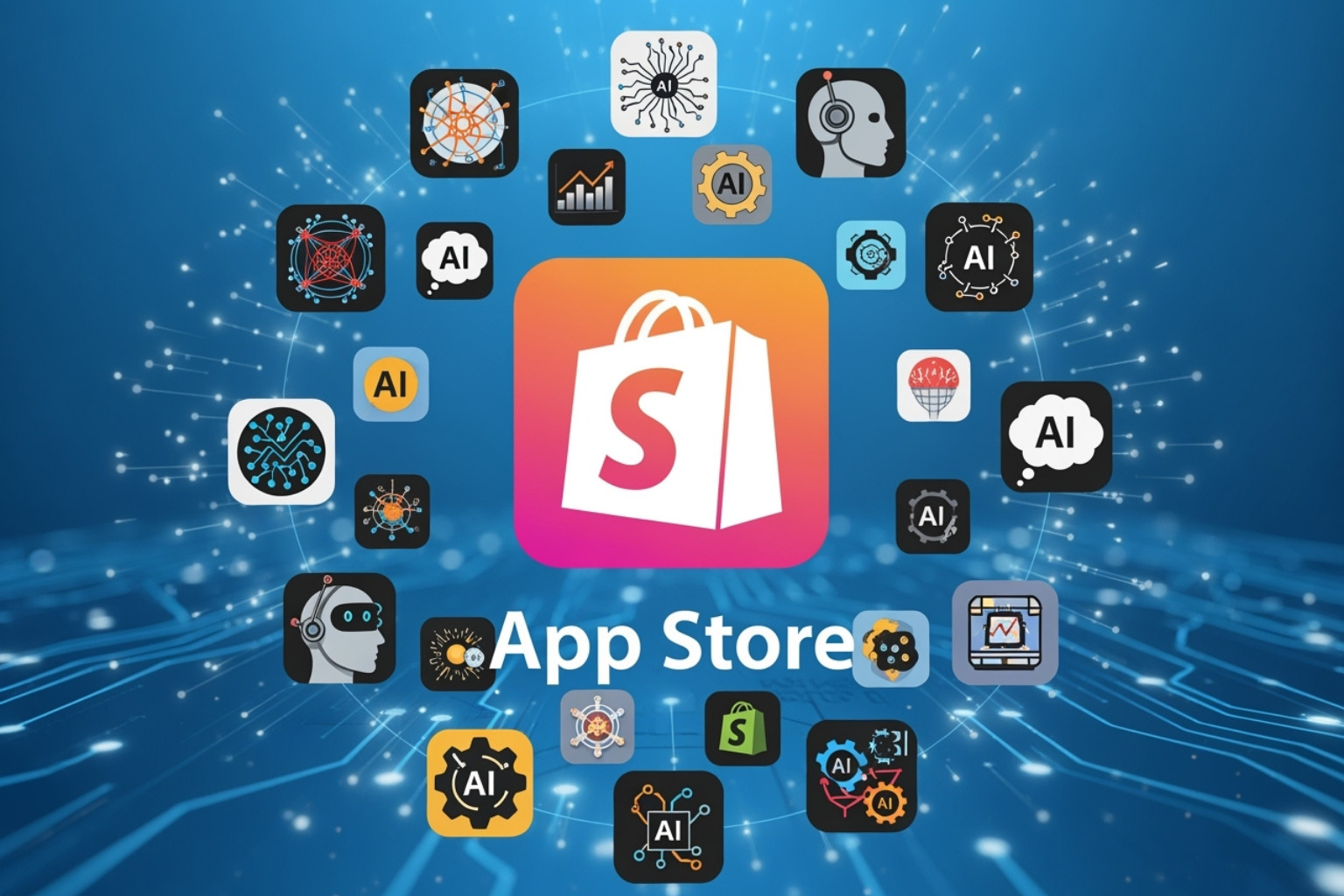 Shopify App Store logo surrounded by icons of popular AI apps