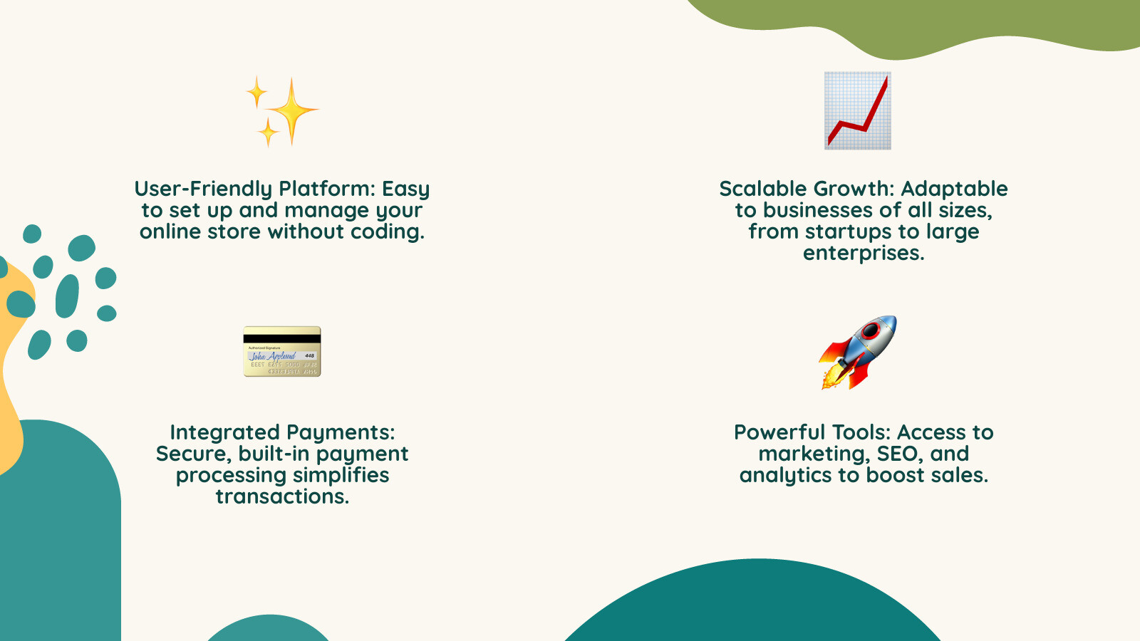 Infographic showing the main benefits of Shopify for small businesses, such as ease of use, scalability, and built-in payment processing. - shopify expert maine infographic 4_facts_emoji_nature