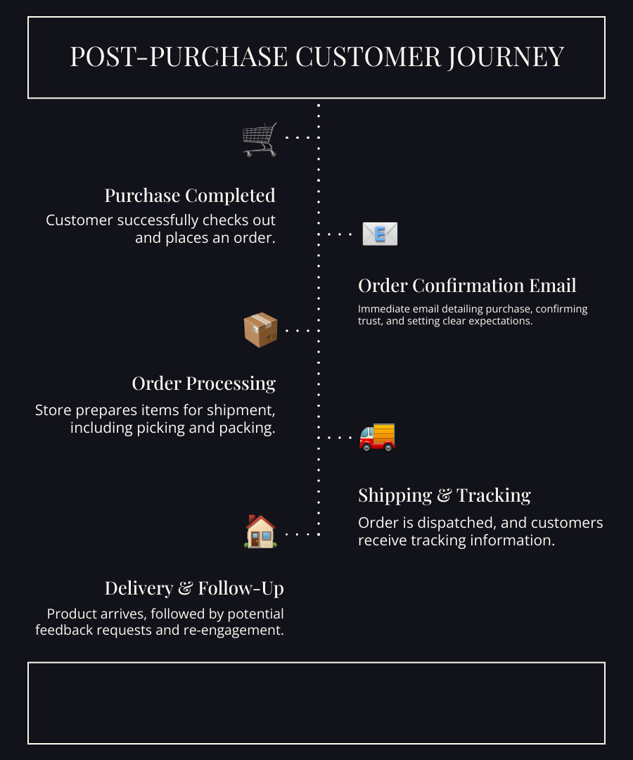 Infographic explaining the post-purchase customer journey from checkout to delivery, highlighting the order confirmation email's role. - Shopify order confirmation emails infographic infographic-line-5-steps-dark