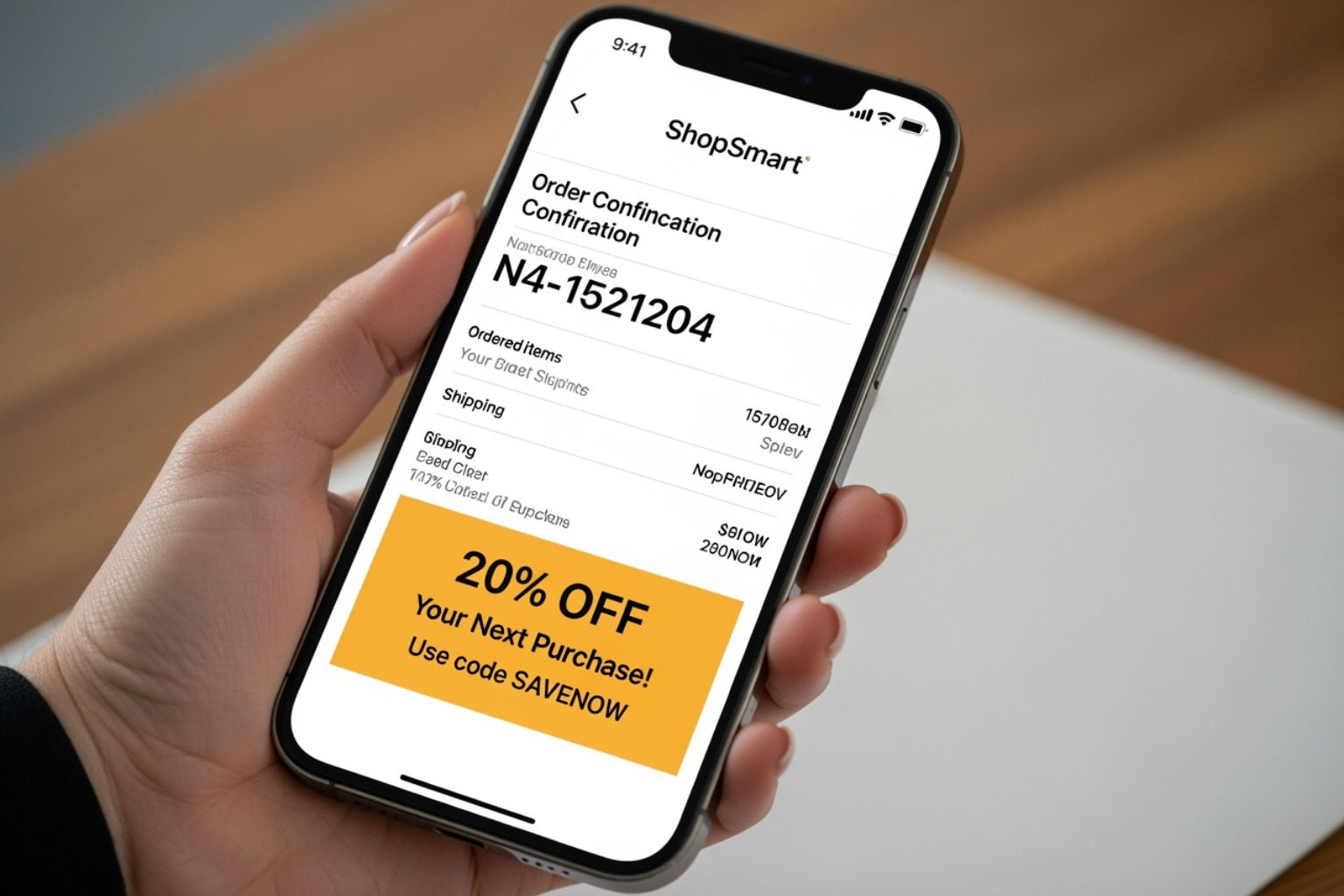 Order confirmation email on a phone, highlighting a special offer section - Shopify order confirmation emails