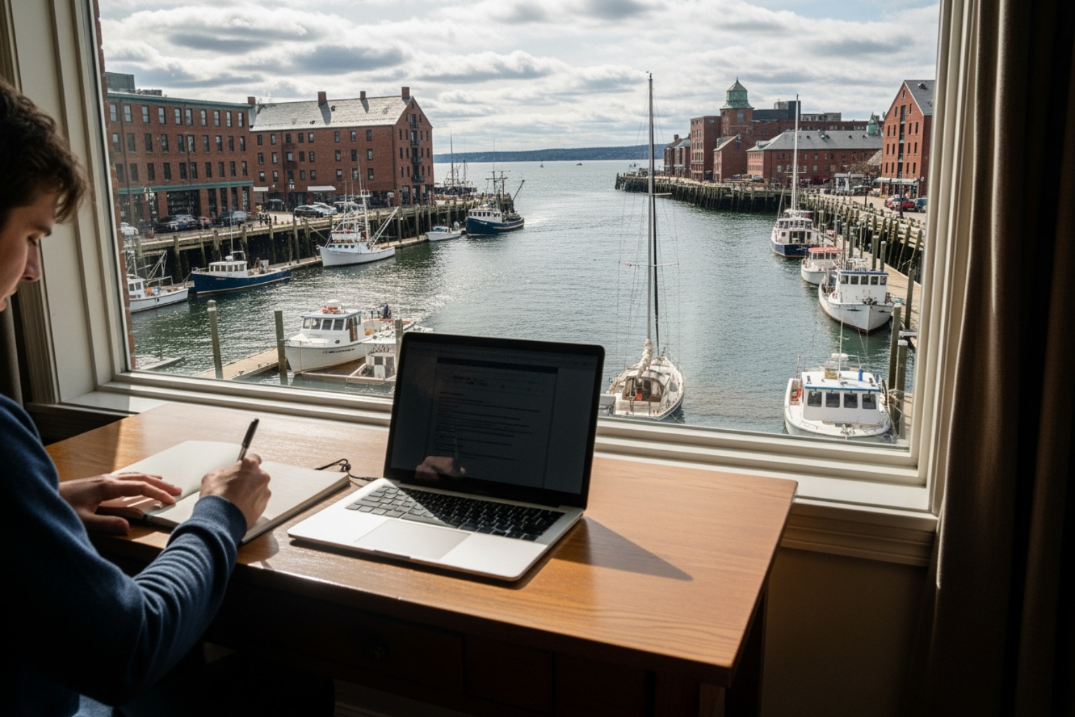 A person writing at a desk with a view of the Portland waterfront - portland maine content marketing
