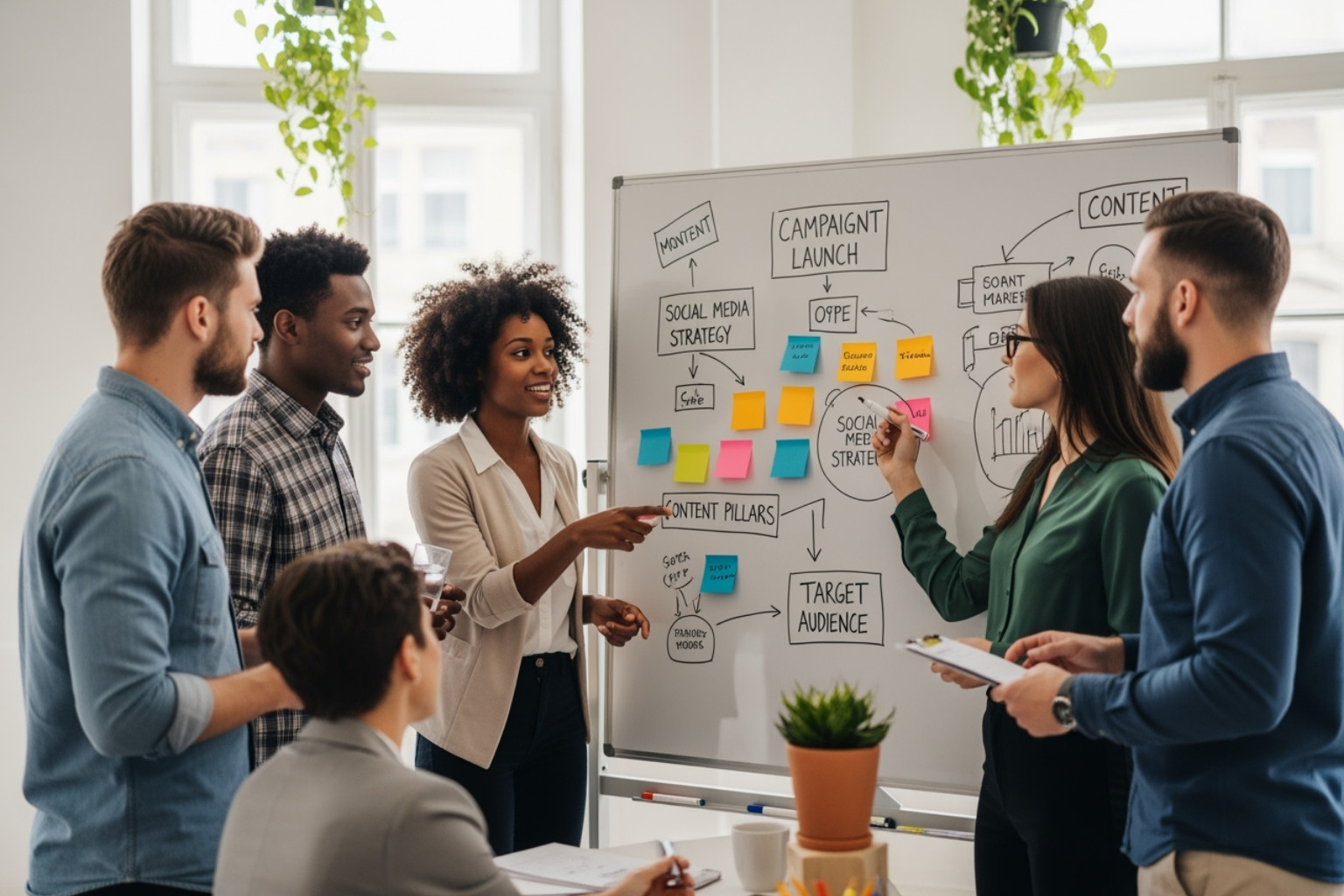 A team collaborating around a whiteboard with content ideas - portland maine content marketing