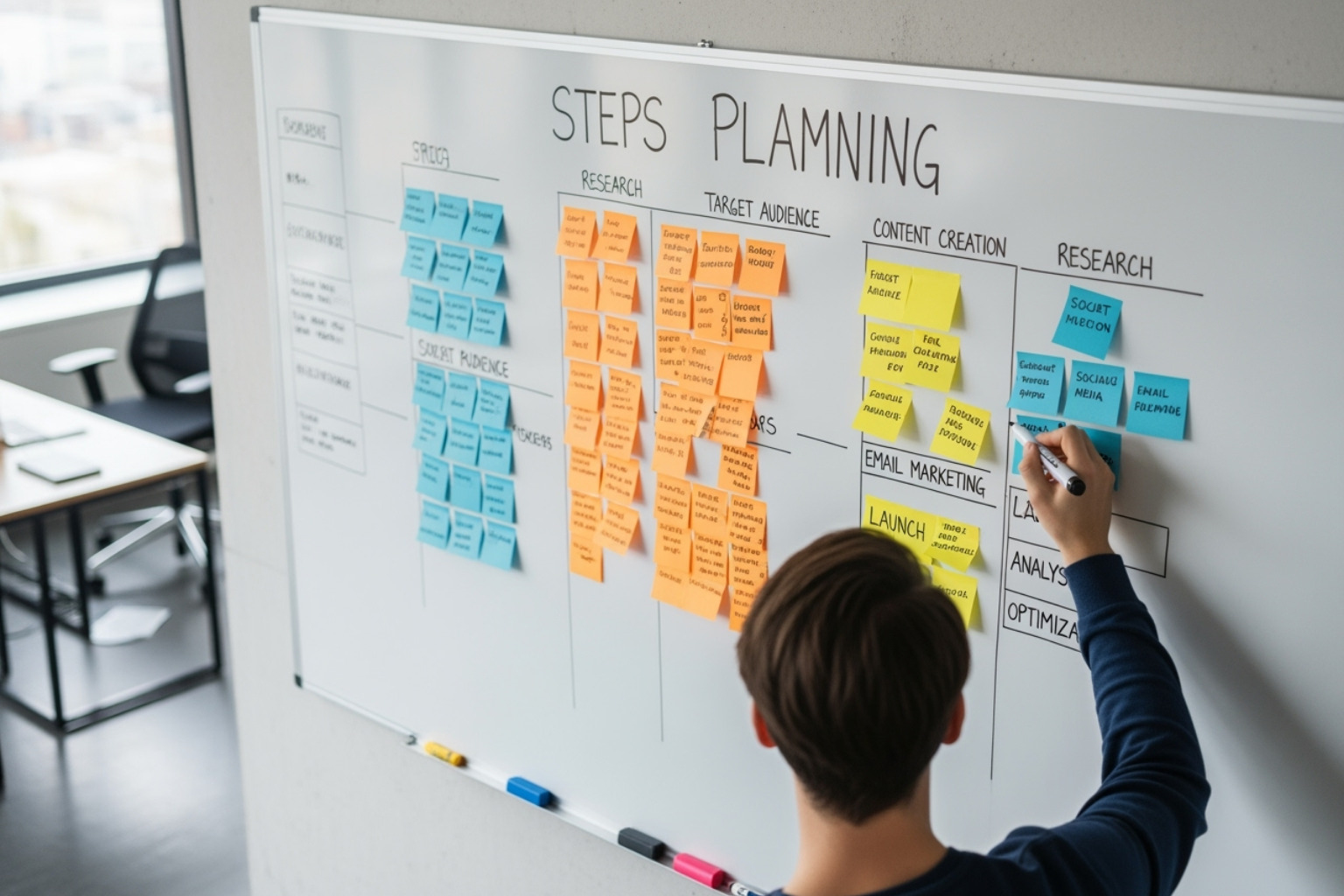 A person planning on a whiteboard with sticky notes representing campaign steps - influencer marketing campaign strategy