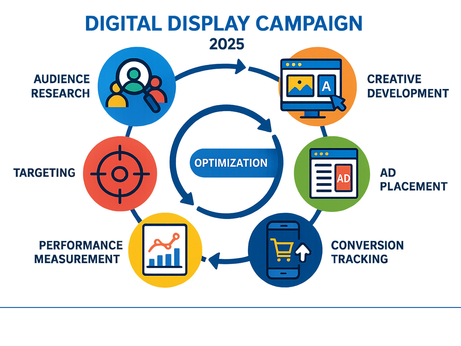 Infographic showing the full digital display campaign process from research to optimization - digital display campaign infographic