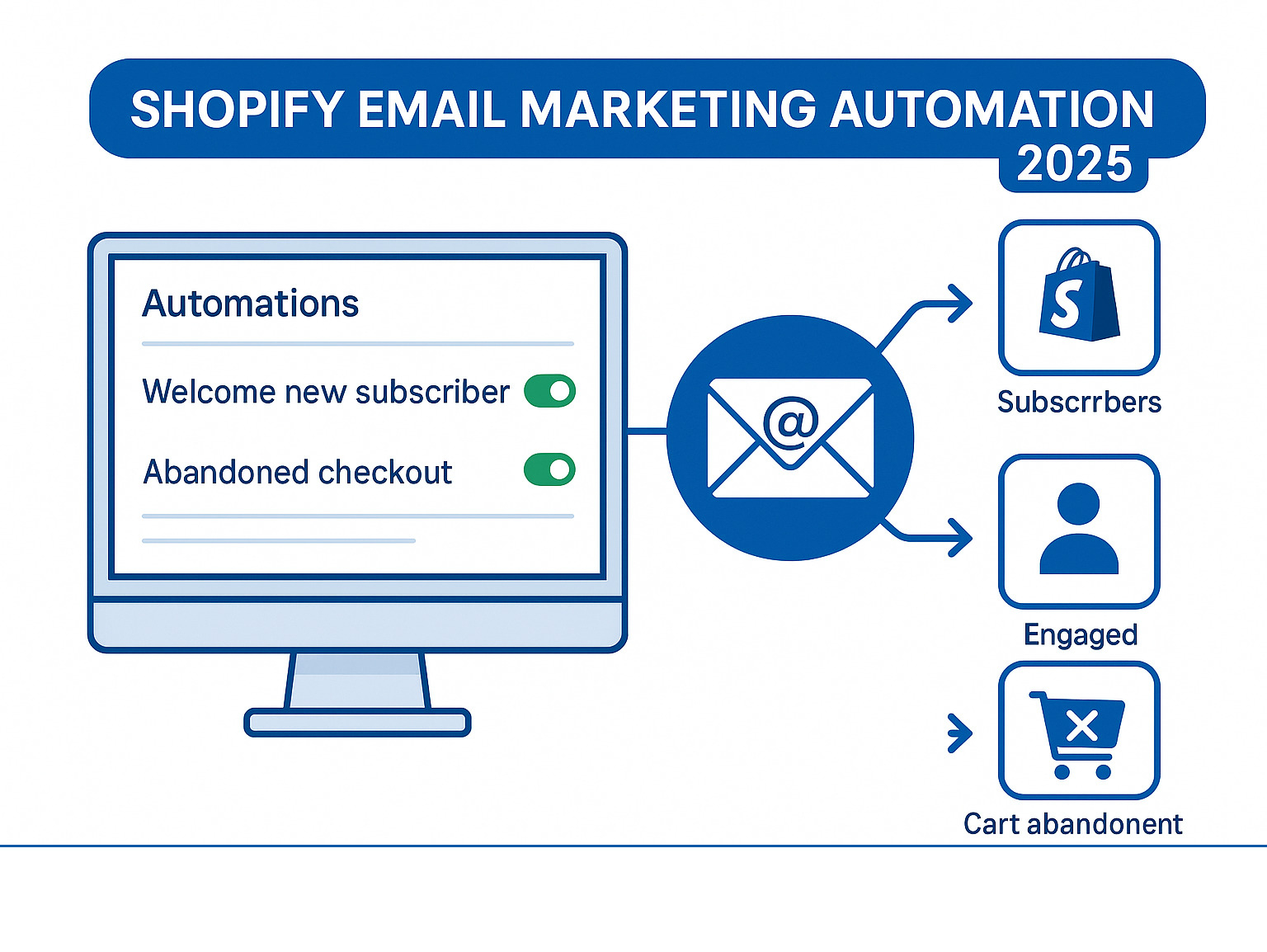 Shopify Automations dashboard showing several active campaigns like "Welcome new subscriber" and "Abandoned checkout". - Shopify email marketing automation