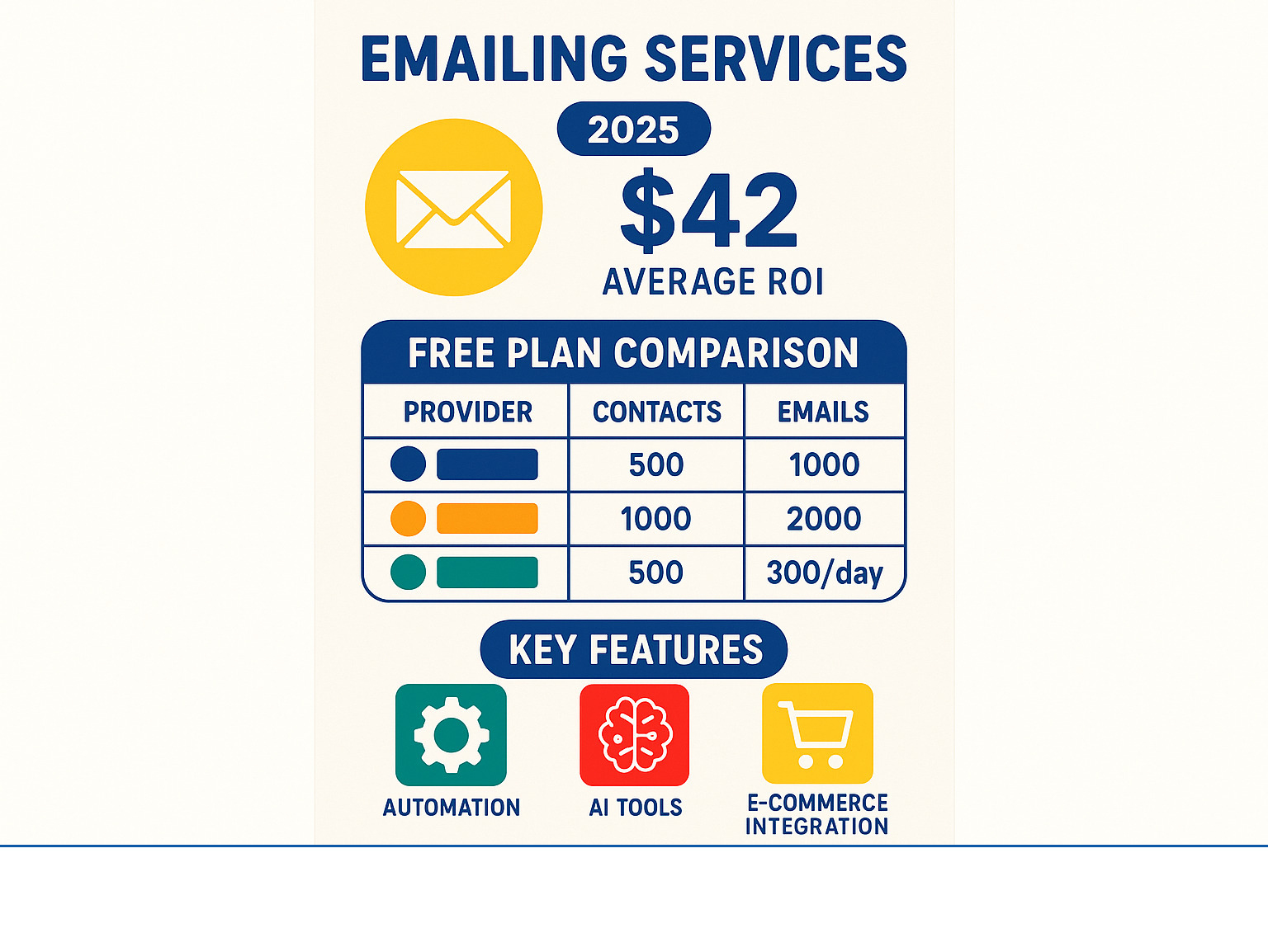 Comparison infographic showing email marketing ROI statistics, free plan limits for major providers (Mailchimp: 500 contacts/1000 emails, HubSpot: 1000 contacts/2000 emails, Brevo: 500 contacts/300 daily emails), and key features like automation, AI tools, and e-commerce integrations across top emailing services - emailing services infographic 