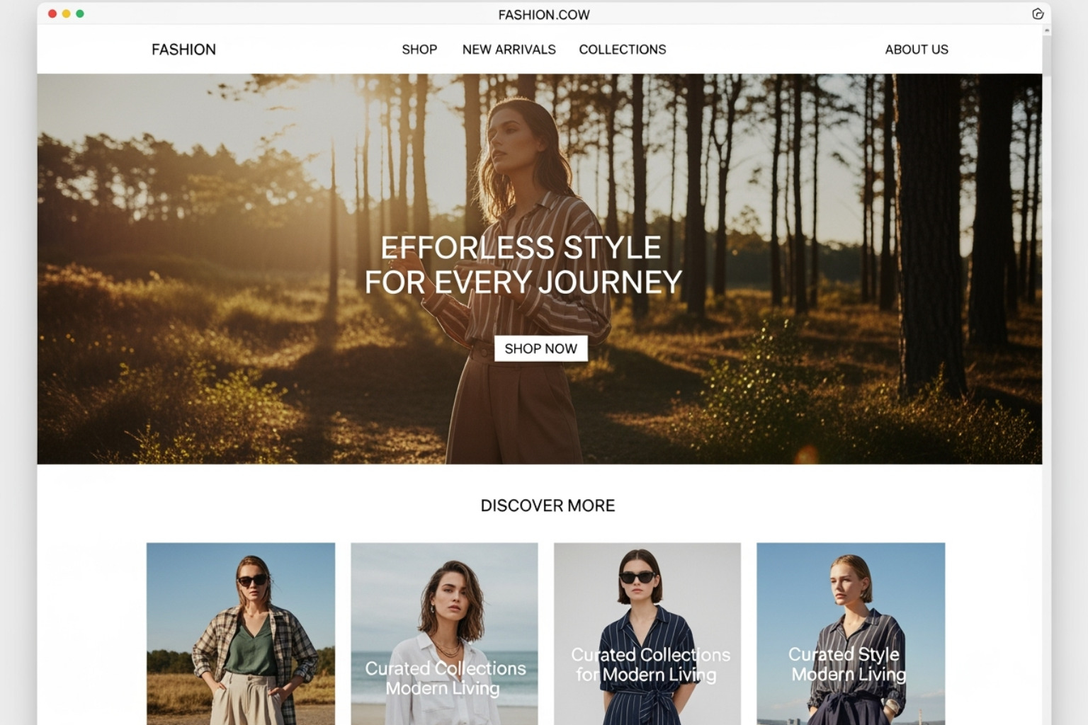 A fashion ecommerce homepage featuring lifestyle imagery, a clear brand voice, and simple navigation - ecommerce homepage examples