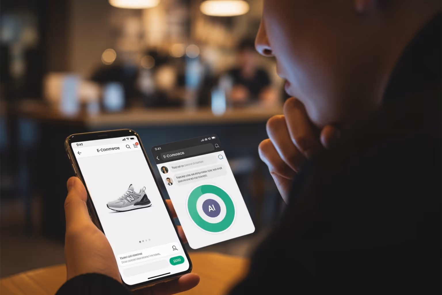 Customer interacting with an AI chatbot on a mobile ecommerce site - mobile ecommerce website Customer interacting with an AI chatbot on a mobile ecommerce site - mobile ecommerce website