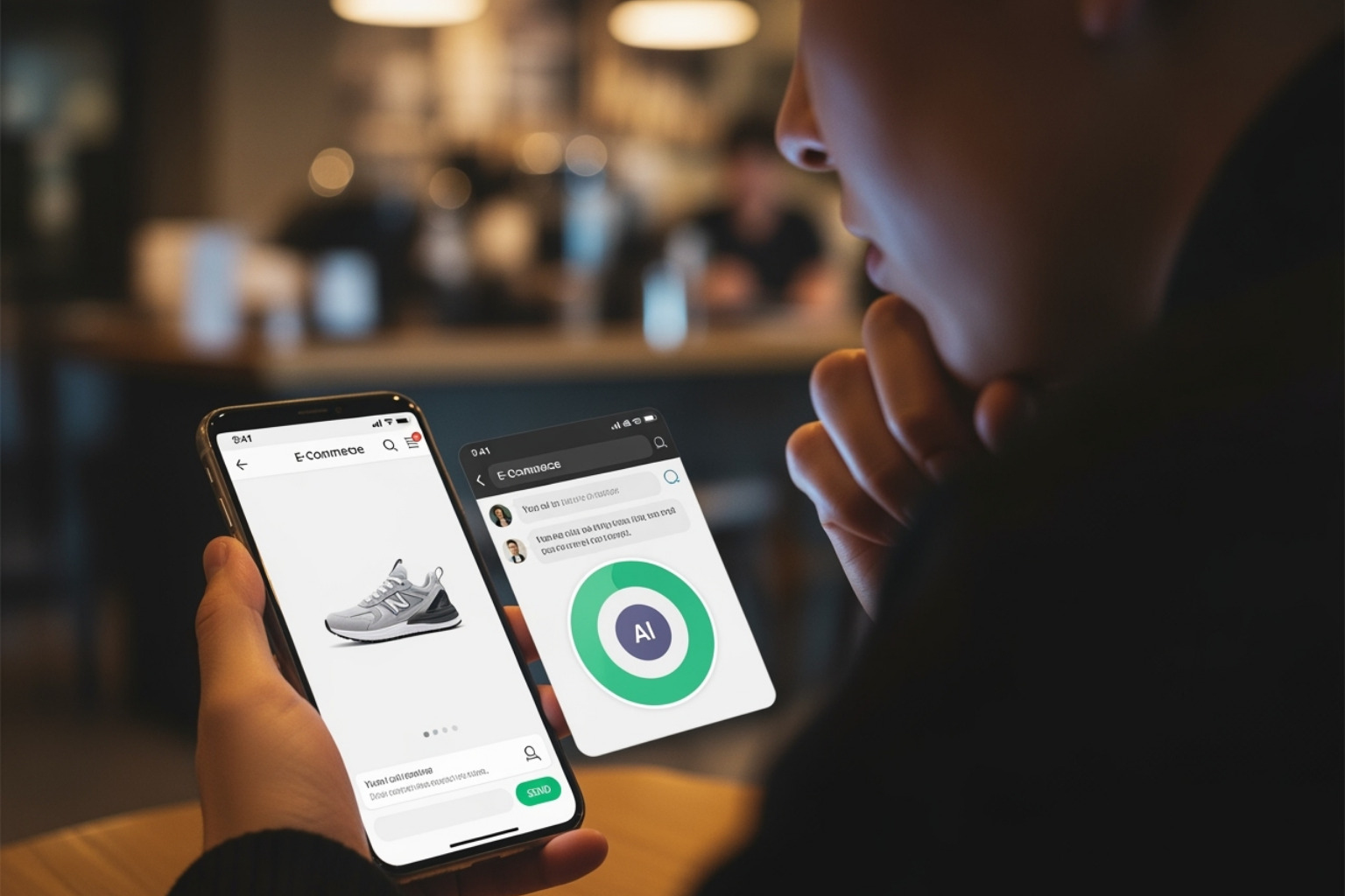 Customer interacting with an AI chatbot on a mobile ecommerce site - mobile ecommerce website