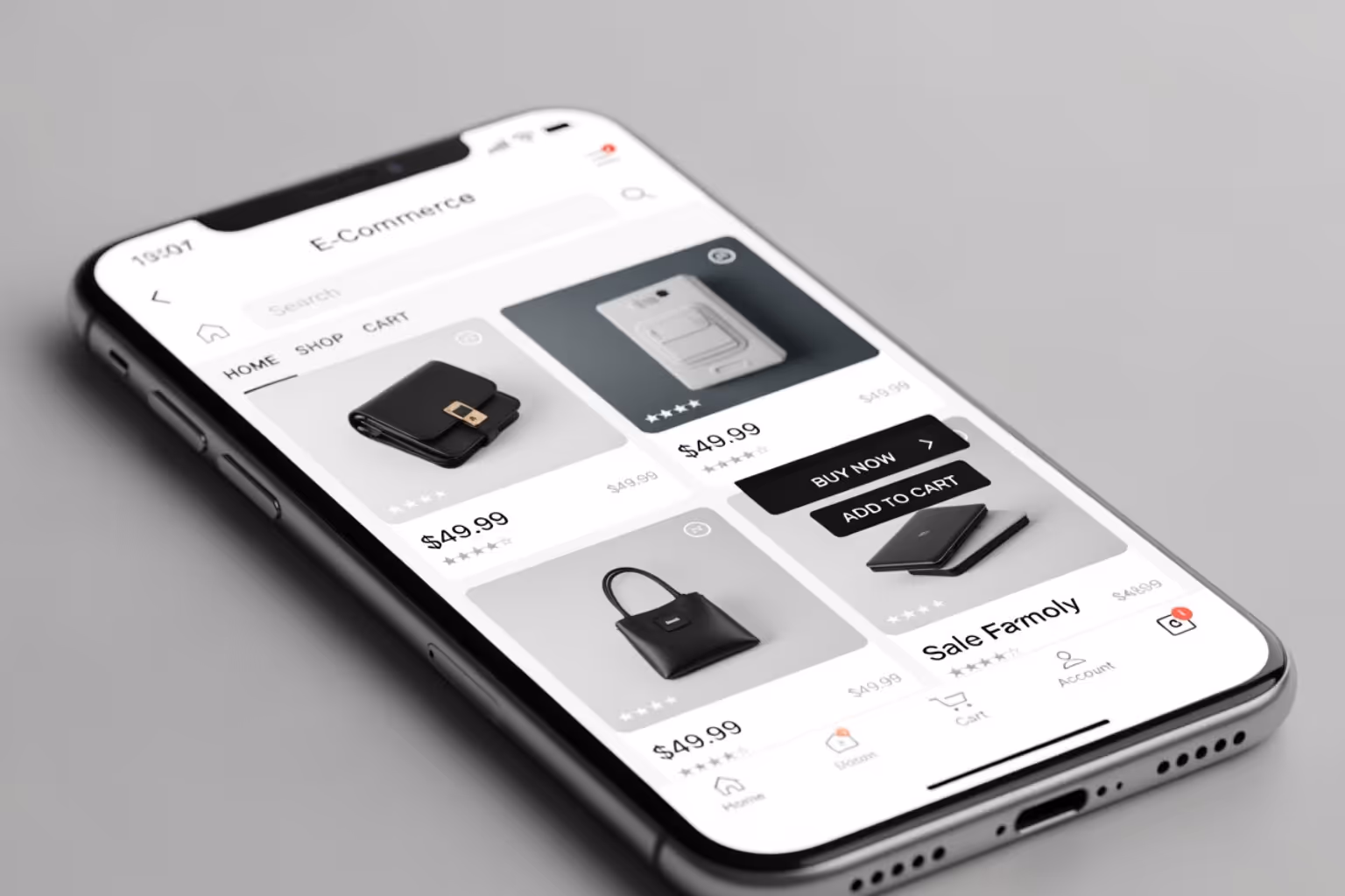 Clean, well-organized mobile website layout on a smartphone screen - mobile ecommerce website Clean, well-organized mobile website layout on a smartphone screen - mobile ecommerce website