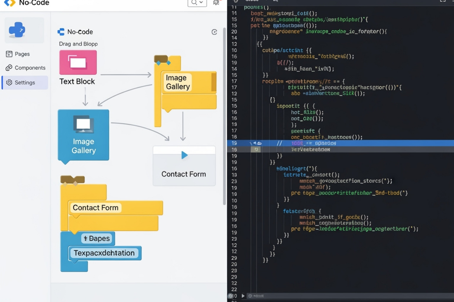 A split screen showing a simple no-code interface on one side and a code-based interface on the other - shopify automation platform