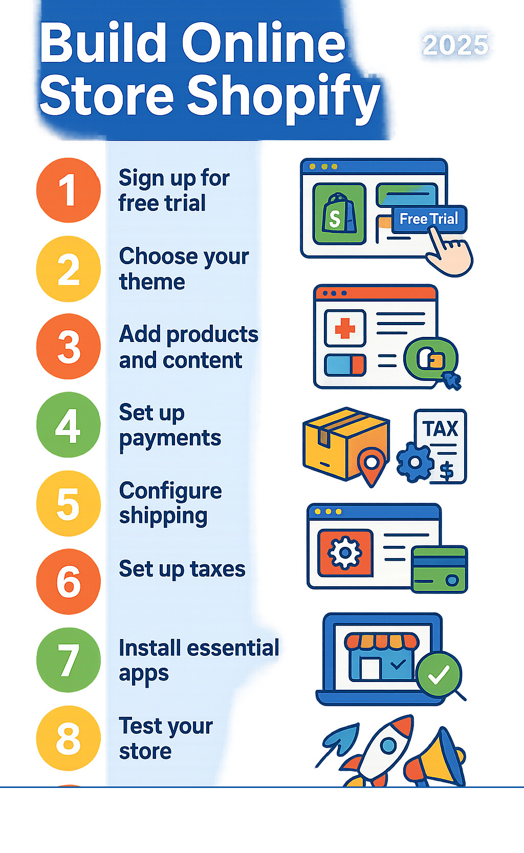 Detailed infographic showing the 10 essential steps to build online store Shopify: 1. Sign up for free trial, 2. Choose your theme, 3. Add products and content, 4. Set up payments, 5. Configure shipping, 6. Set up taxes, 7. Install essential apps, 8. Test your store, 9. Launch and market, 10. Analyze and optimize - Build online store Shopify infographic 