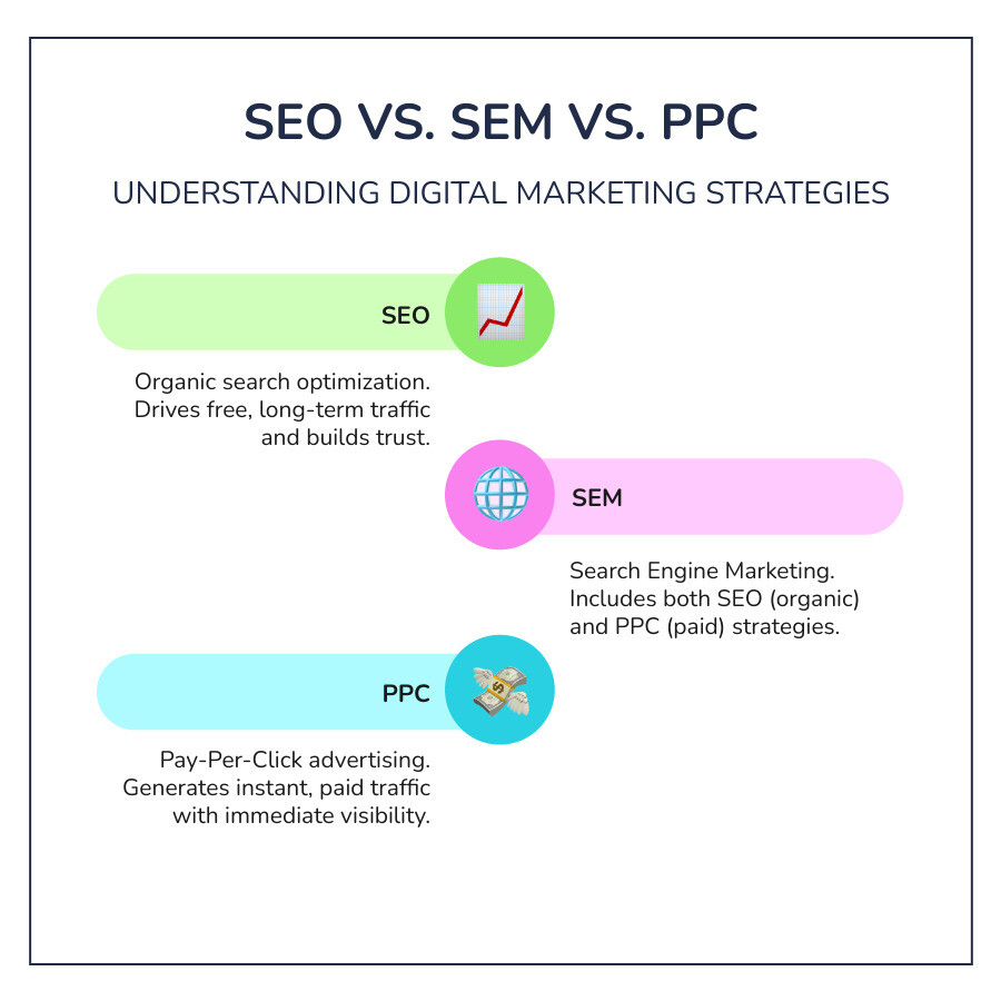 infographic explaining the difference between SEO, SEM, and PPC - engine optimization seo infographic infographic-line-3-steps-colors