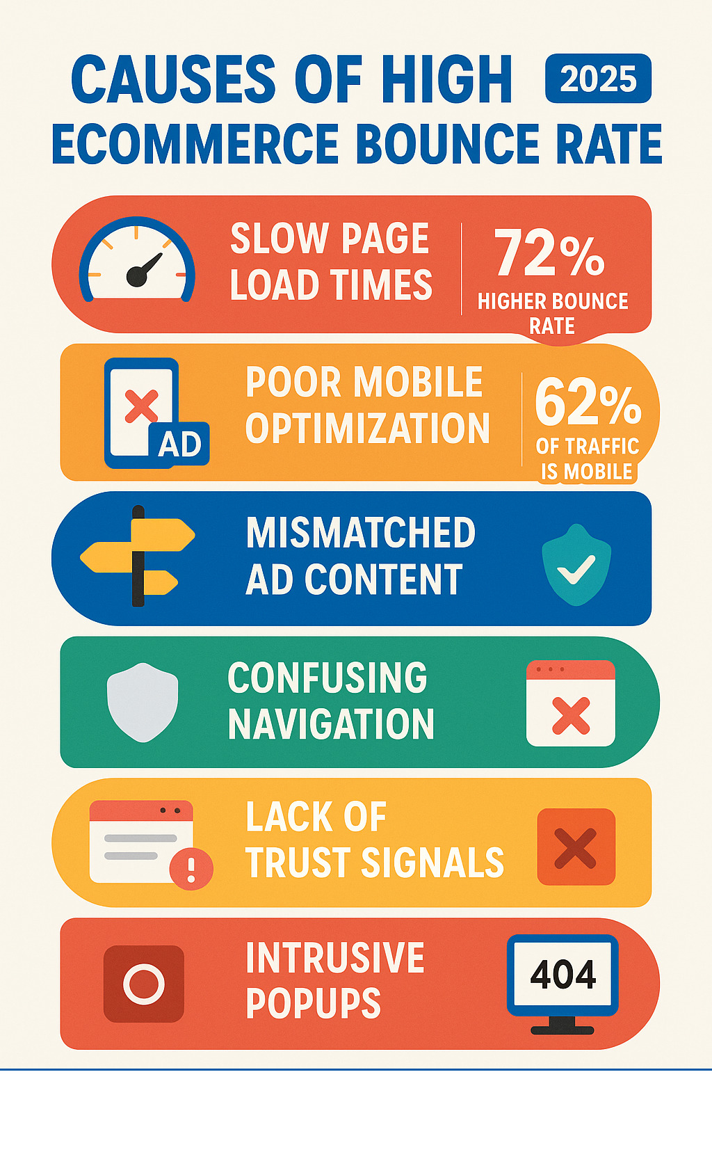 Infographic showing the main causes of high bounce rate in ecommerce: slow page load times (72% higher bounce rate), poor mobile optimization (62% of traffic is mobile), mismatched ad content, confusing navigation, lack of trust signals, intrusive popups, and technical errors like 404 pages - reduce ecommerce bounce rate infographic Infographic showing the main causes of high bounce rate in ecommerce: slow page load times (72% higher bounce rate), poor mobile optimization (62% of traffic is mobile), mismatched ad content, confusing navigation, lack of trust signals, intrusive popups, and technical errors like 404 pages - reduce ecommerce bounce rate infographic