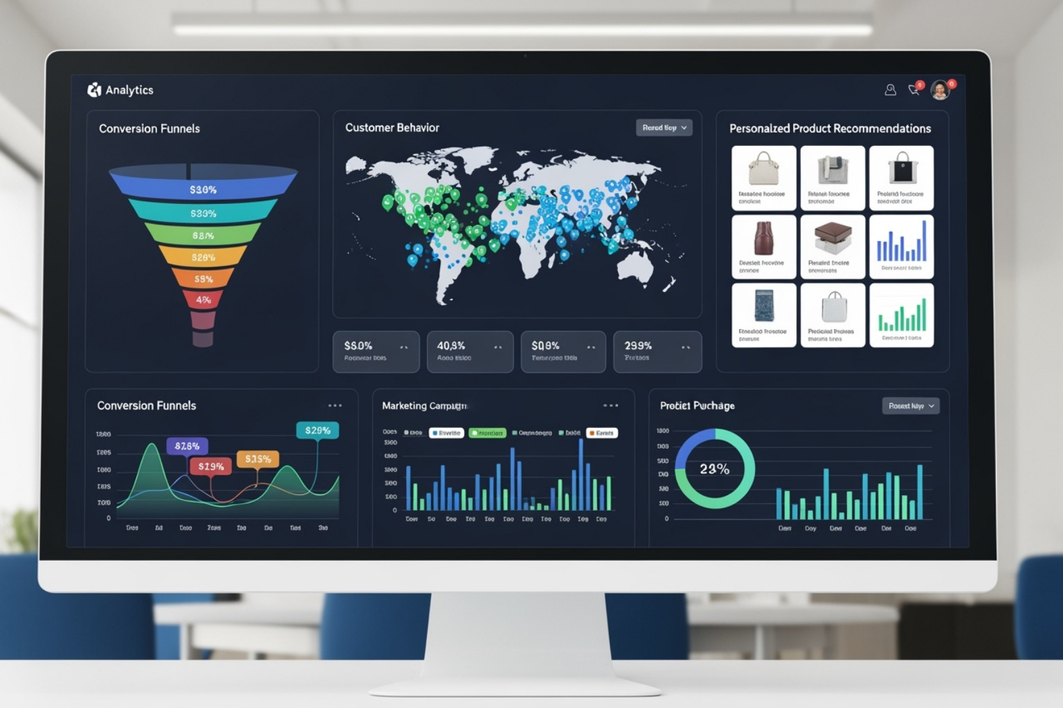 AI-powered analytics dashboard showing real-time customer behavior, personalized recommendations, and conversion funnels, with data points highlighting improved marketing campaign performance. - shopify automation services AI-powered analytics dashboard showing real-time customer behavior, personalized recommendations, and conversion funnels, with data points highlighting improved marketing campaign performance. - shopify automation services