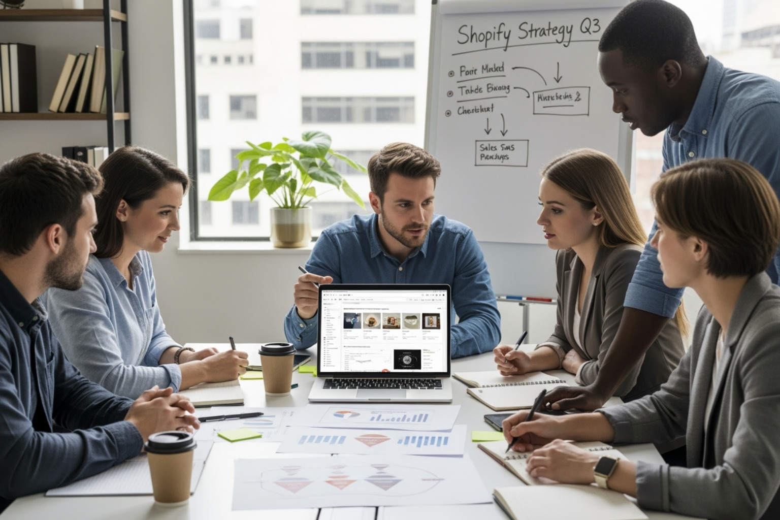A team of professionals collaborating around a table, discussing a Shopify store strategy on a laptop, with notes and diagrams spread out, emphasizing strategic planning and teamwork. - shopify automation services A team of professionals collaborating around a table, discussing a Shopify store strategy on a laptop, with notes and diagrams spread out, emphasizing strategic planning and teamwork. - shopify automation services
