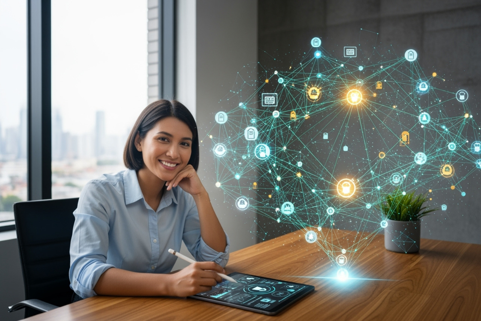 A person sitting at a desk, looking relaxed and smiling, while a complex network of automated tasks is visualized in the background, symbolizing efficiency and time savings through automation. - shopify automation services A person sitting at a desk, looking relaxed and smiling, while a complex network of automated tasks is visualized in the background, symbolizing efficiency and time savings through automation. - shopify automation services