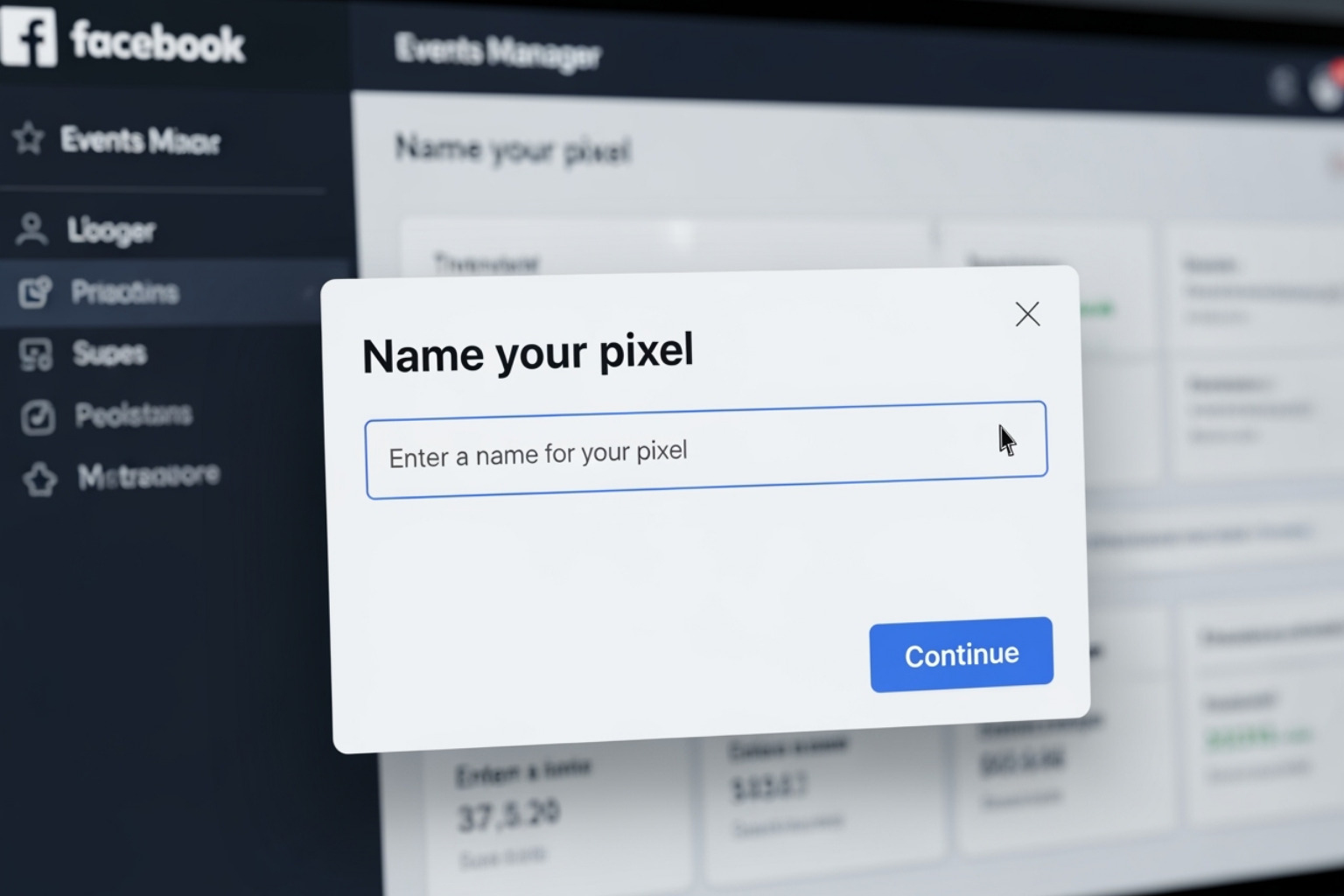 Name your pixel screen in Facebook Events Manager - Shopify Facebook pixel installation