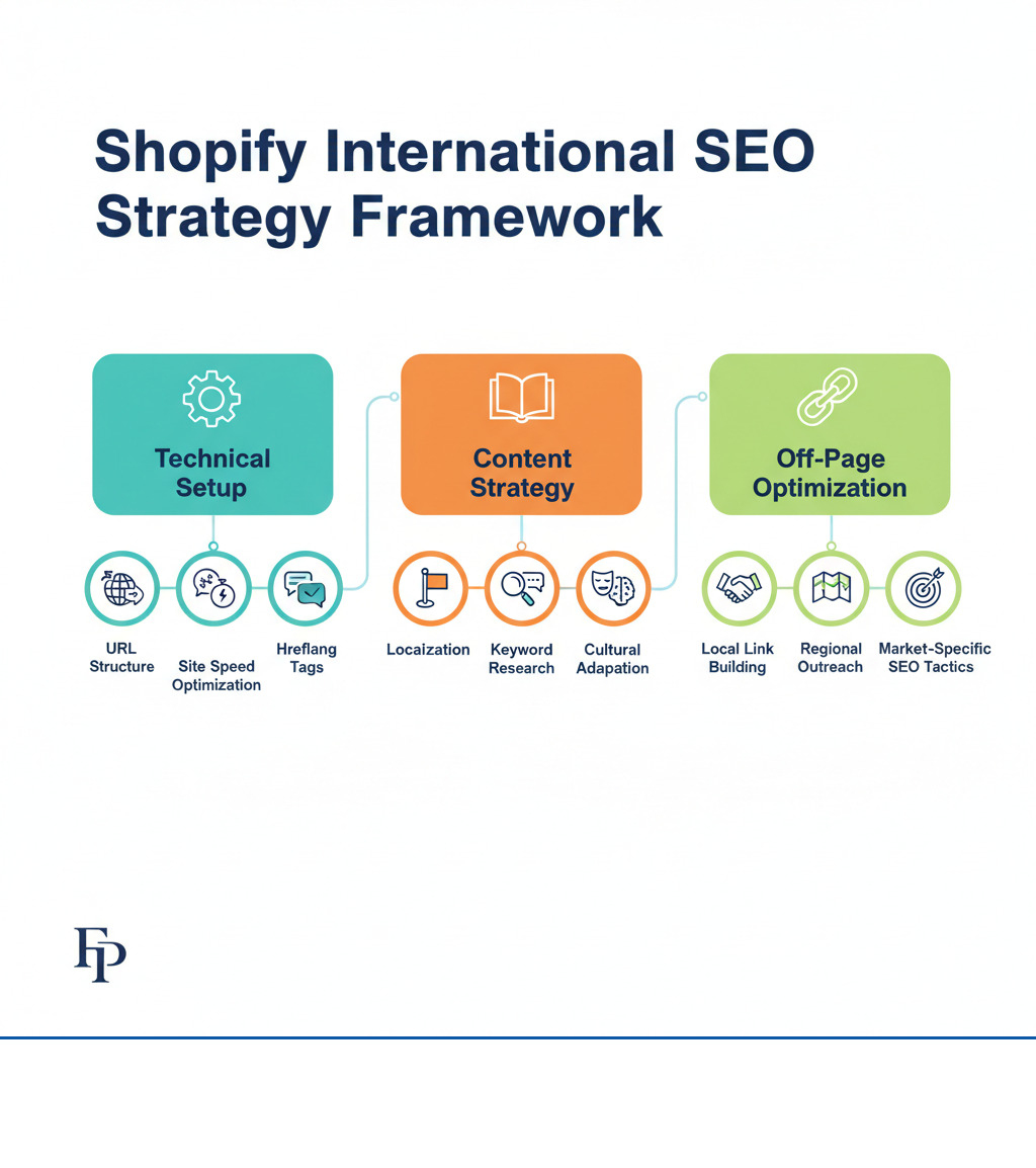 Complete Shopify International SEO Strategy Framework showing three main pillars: Technical Setup including URL structure, hreflang tags, and site speed optimization; Content Strategy covering localization, keyword research, and cultural adaptation; and Off-Page Optimization featuring local link building, regional outreach, and market-specific SEO tactics - Shopify international SEO infographic 
